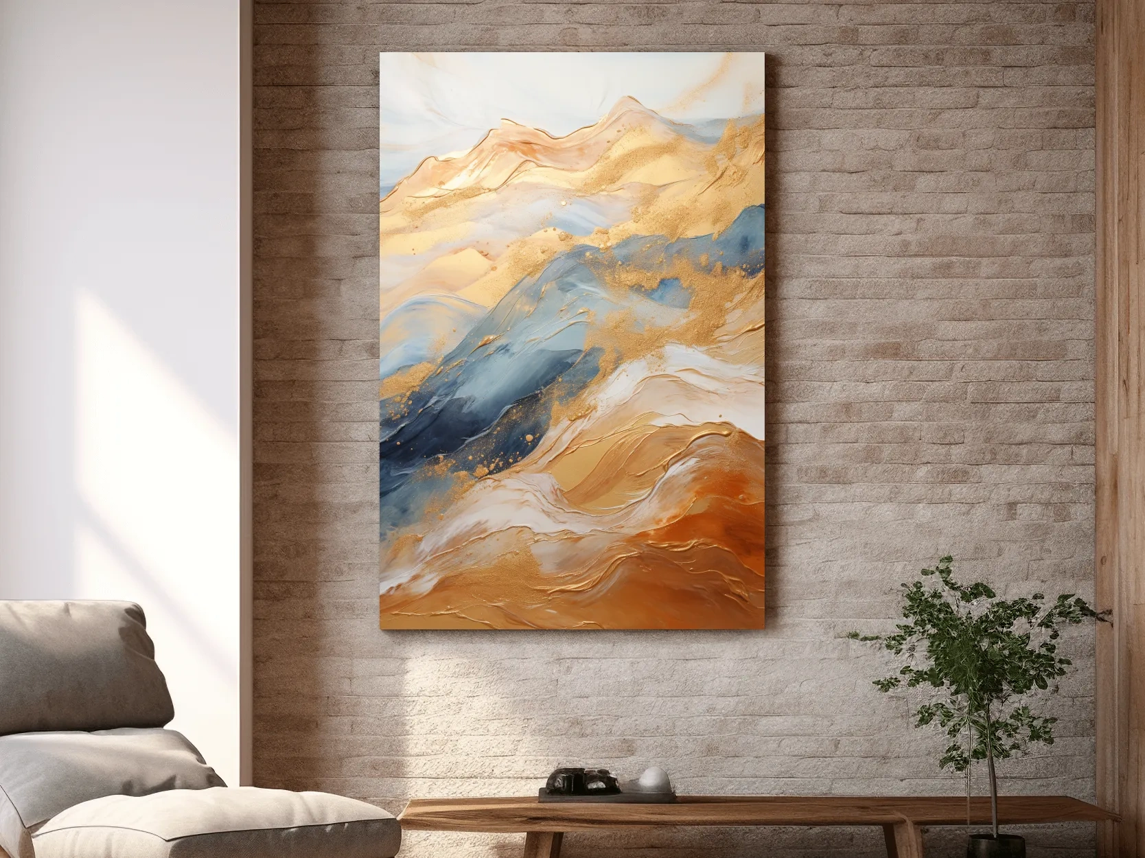Abstract Gold And Blue Mountain Landscape - Modern Fluid Marble Wall Art