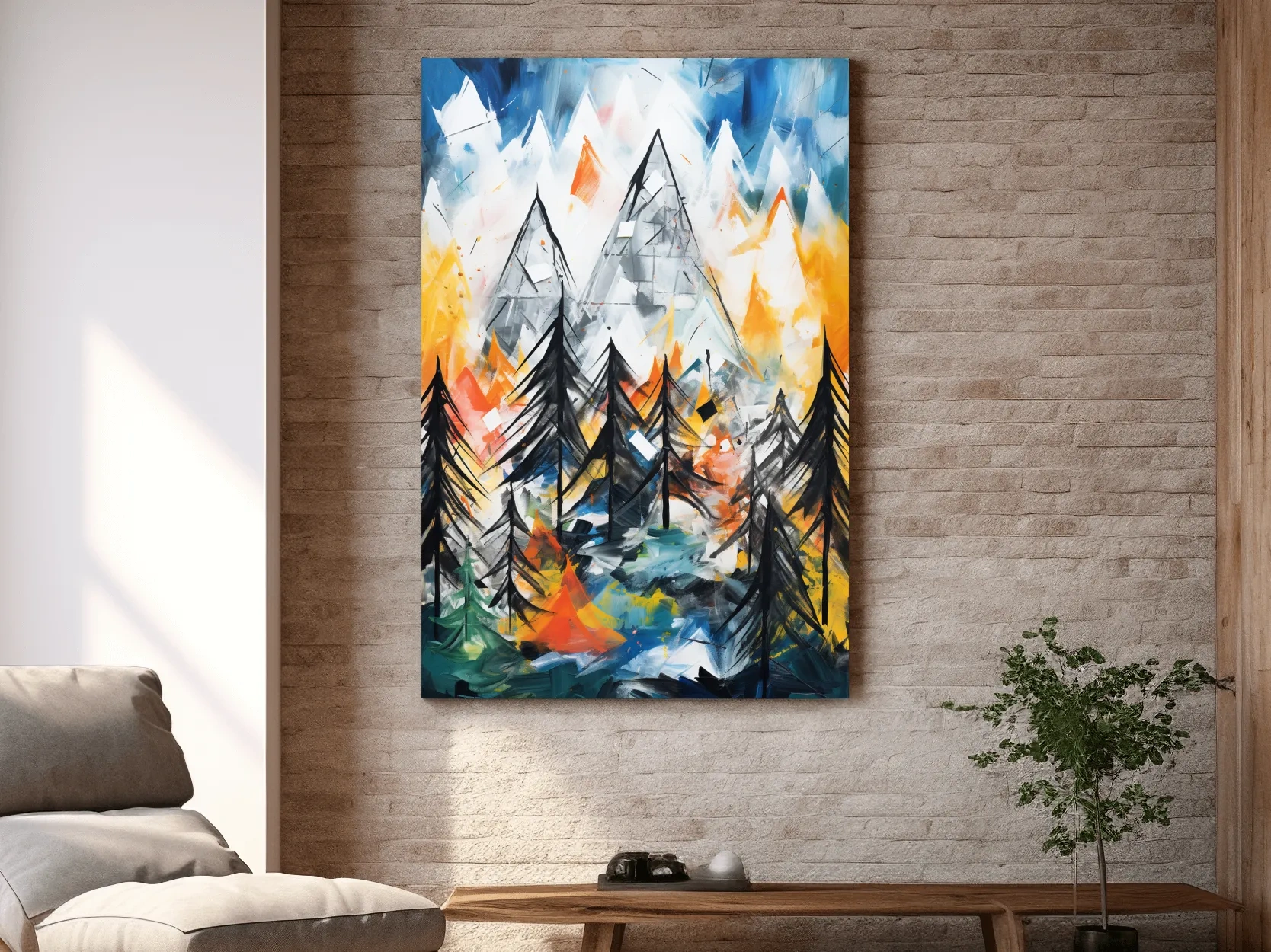 Abstract Alpine Mountain Peaks Painting - Colorful Energetic Pine Forest Landscape Wall Art