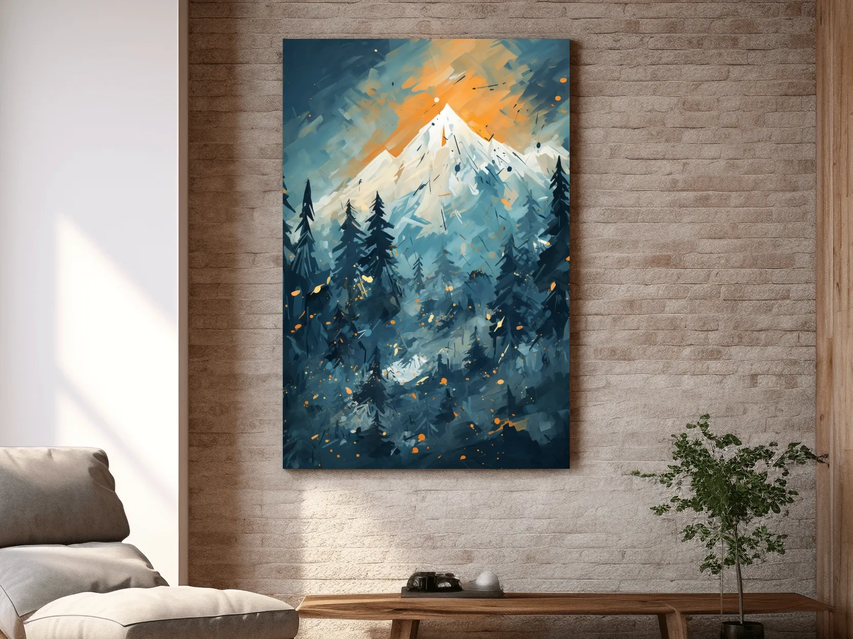 Abstract Snowy Mountain Peak Sunset - Moody Pine Forest Painting Wall Art