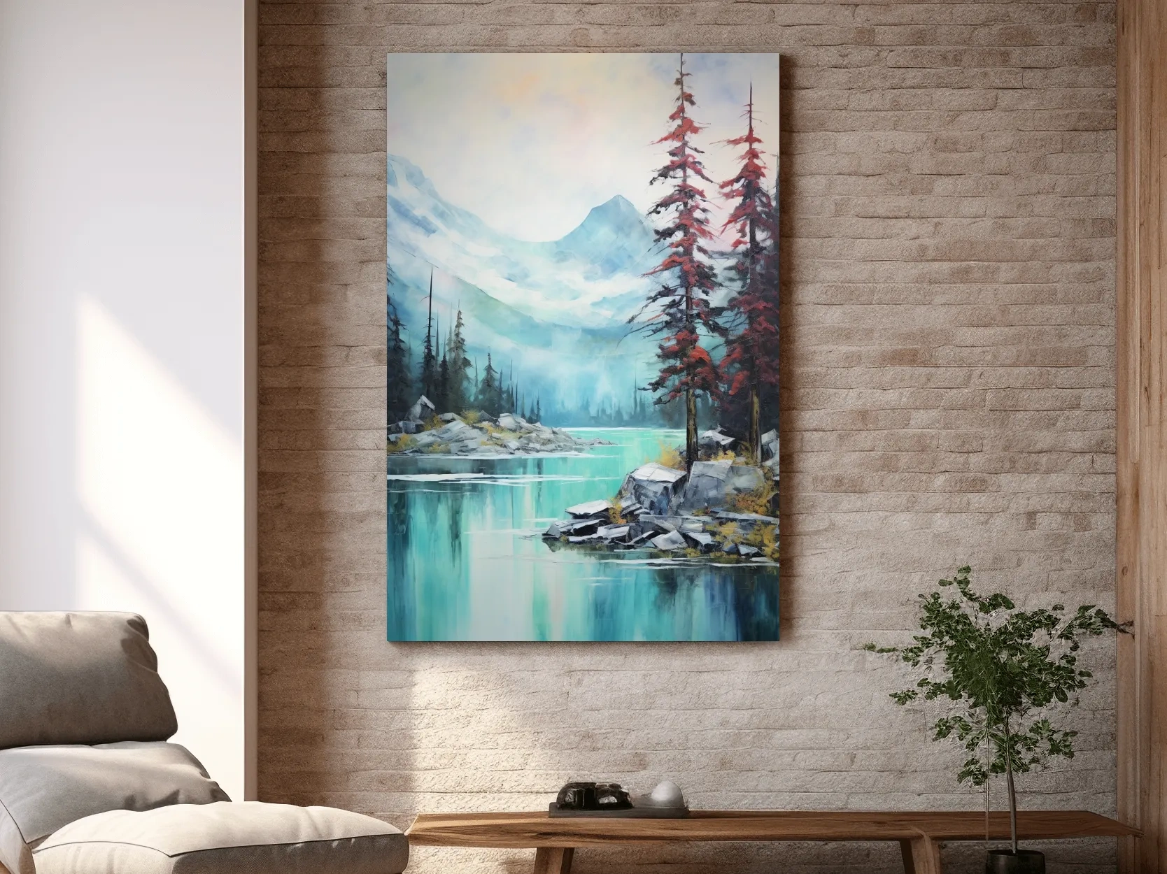 Misty Turquoise Alpine Lake Watercolor - Serene Mountain Landscape Wall Art