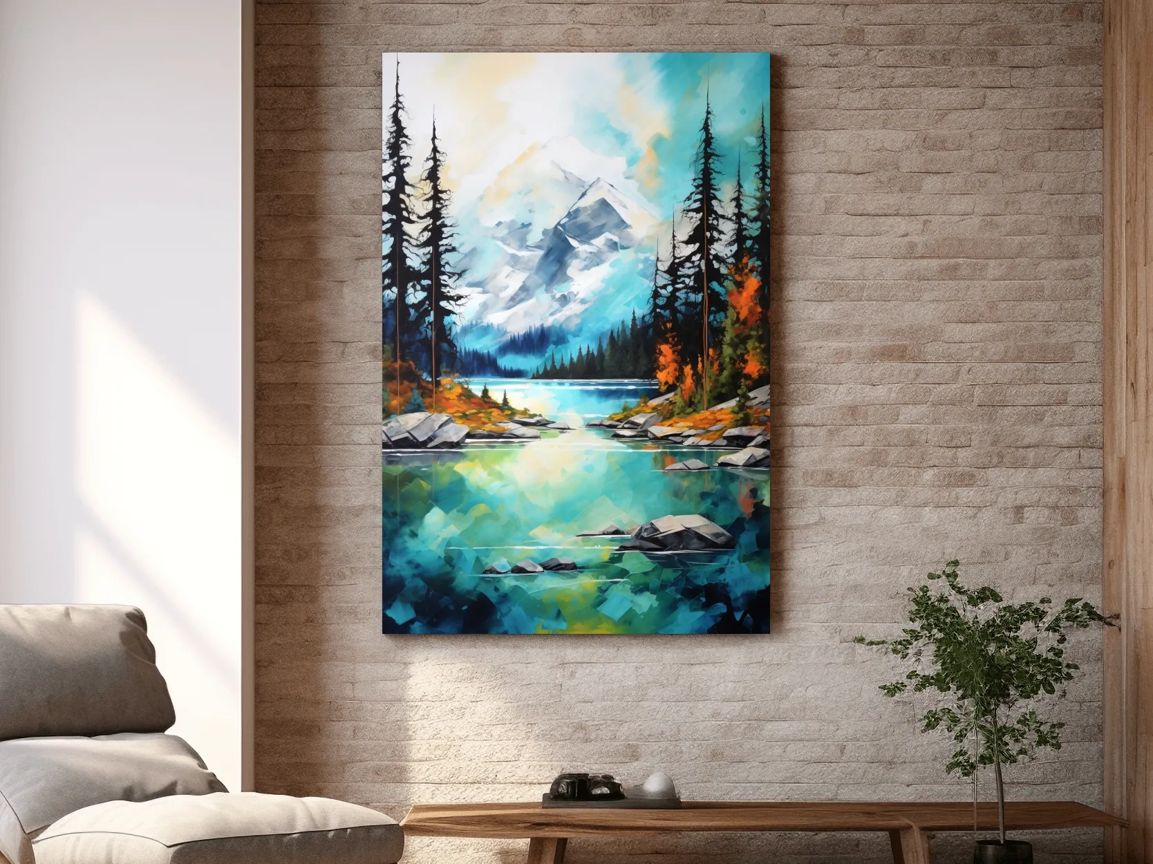Turquoise Alpine Lake Mountain Painting - Colorful Watercolor Forest Wall Art