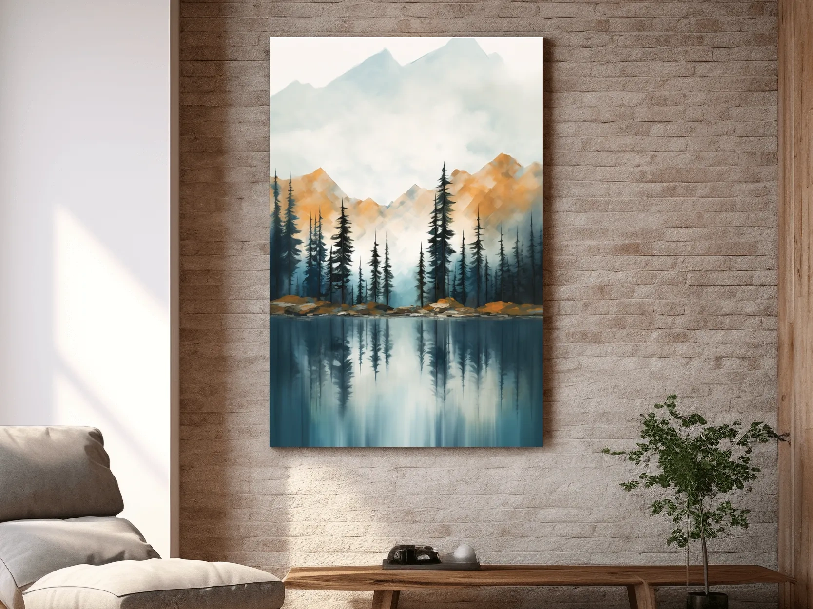Misty Watercolor Mountain Lake Reflection - Serene Pine Forest Landscape Wall Art