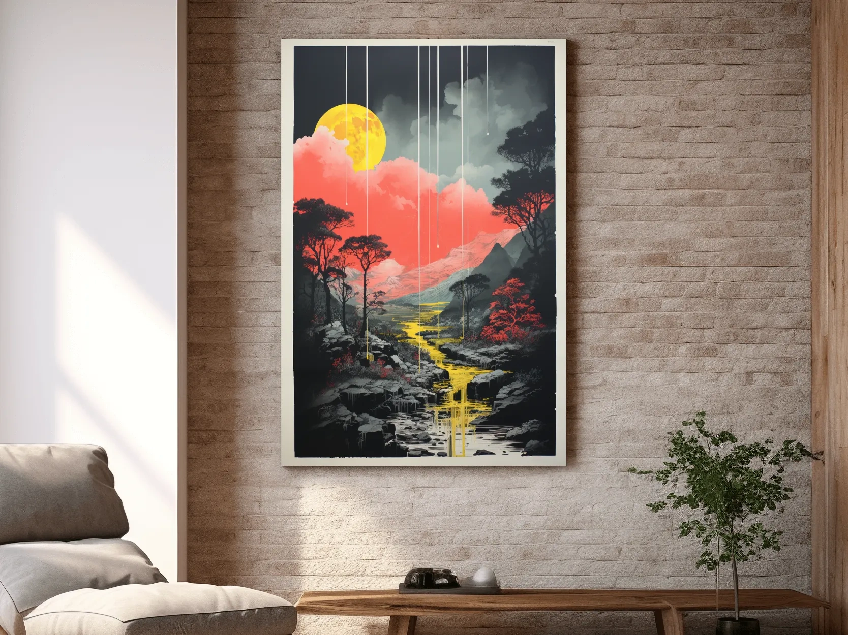 Surreal Moonlit Mountain River Landscape - Fantasy Nature Wall Art