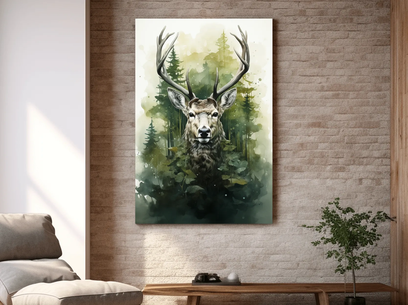 Watercolor Deer Portrait In Misty Pine Forest - Woodland Wildlife Wall Art