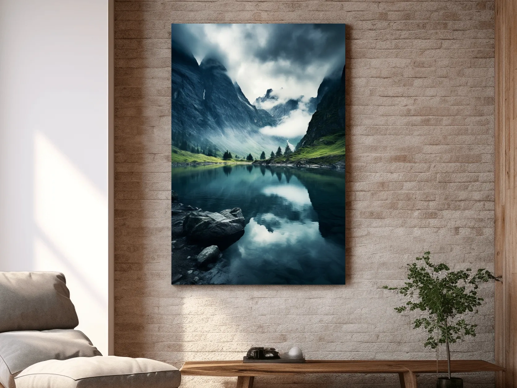 Moody Misty Alpine Lake Reflection - Dramatic Photographic Mountain Wall Art