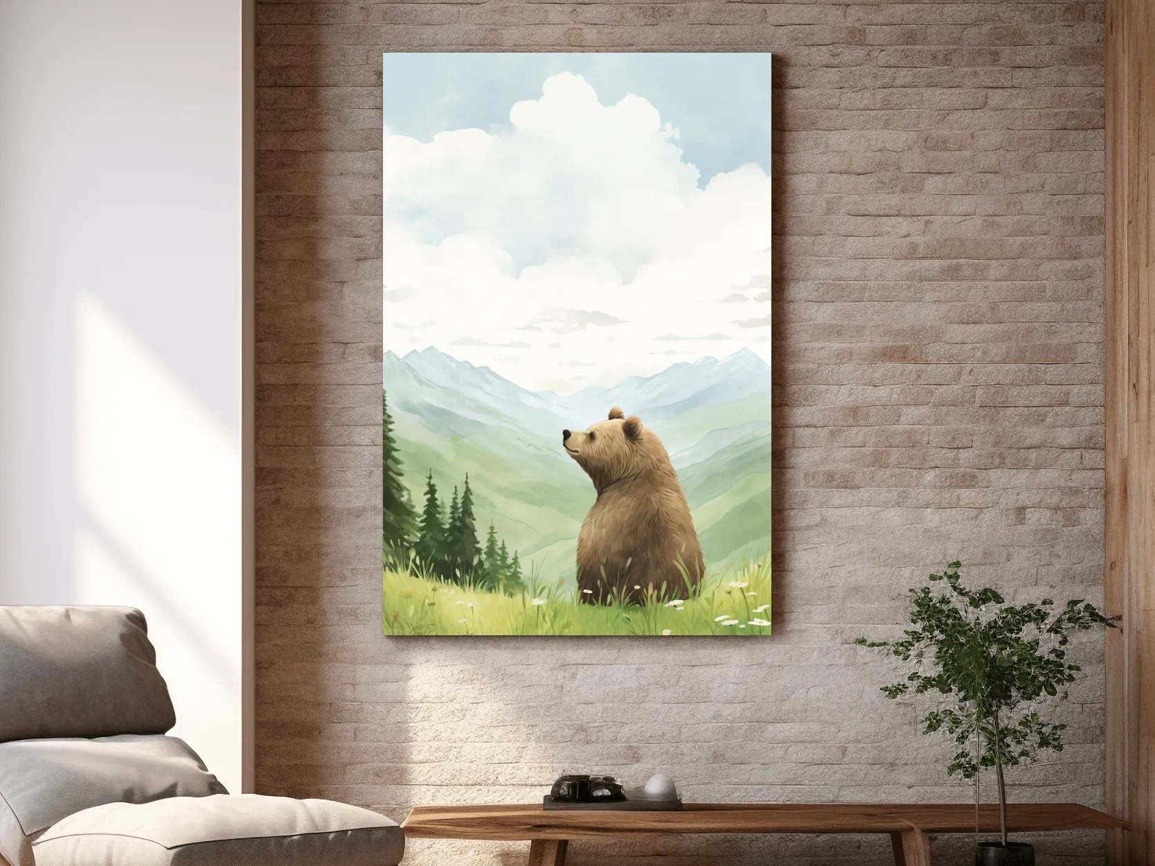 Whimsical Watercolor Bear In Mountain Meadow - Serene Nursery Wildlife Art