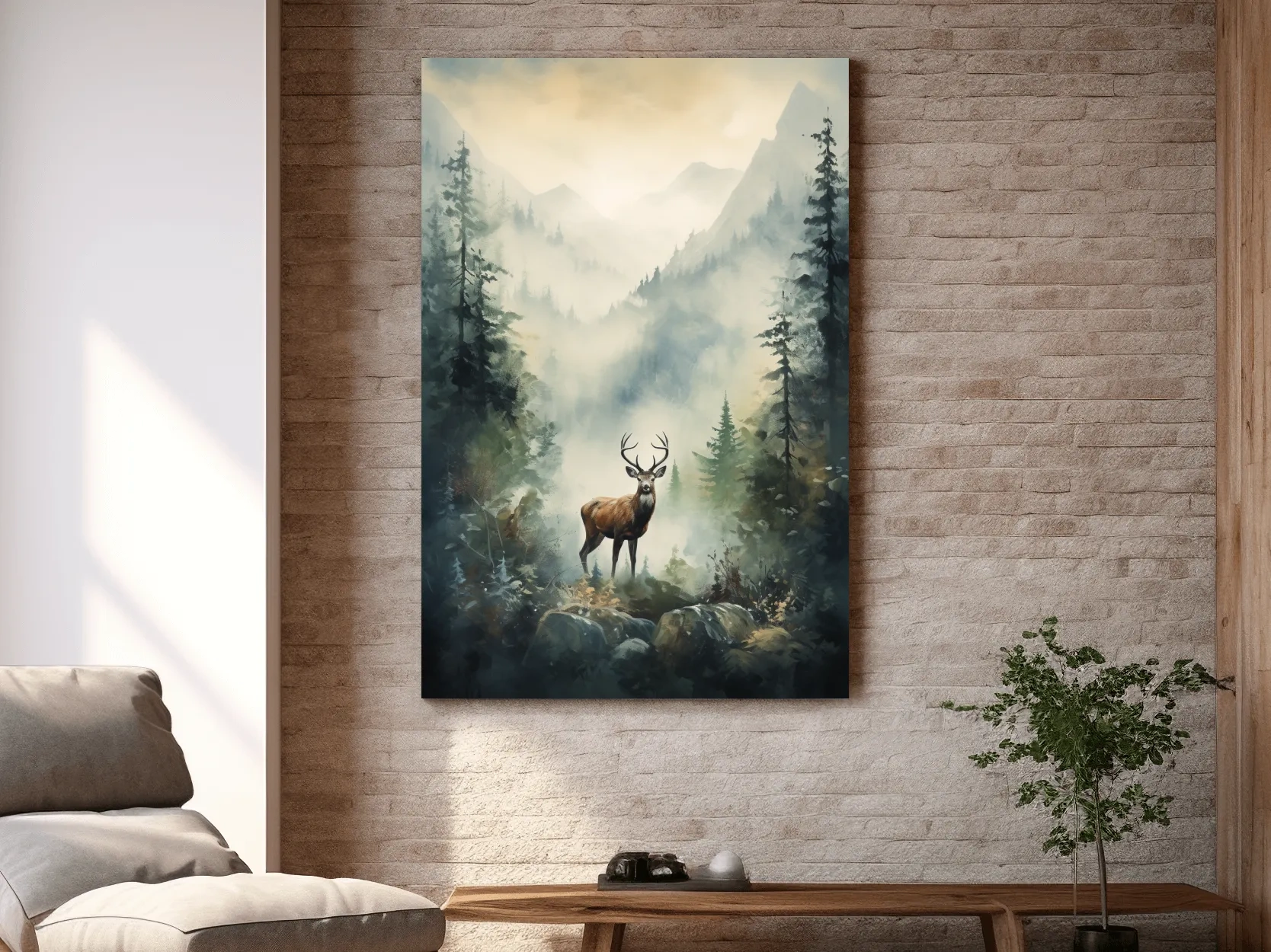 Misty Alpine Forest Deer Painting - Atmospheric Mountain Wildlife Wall Art
