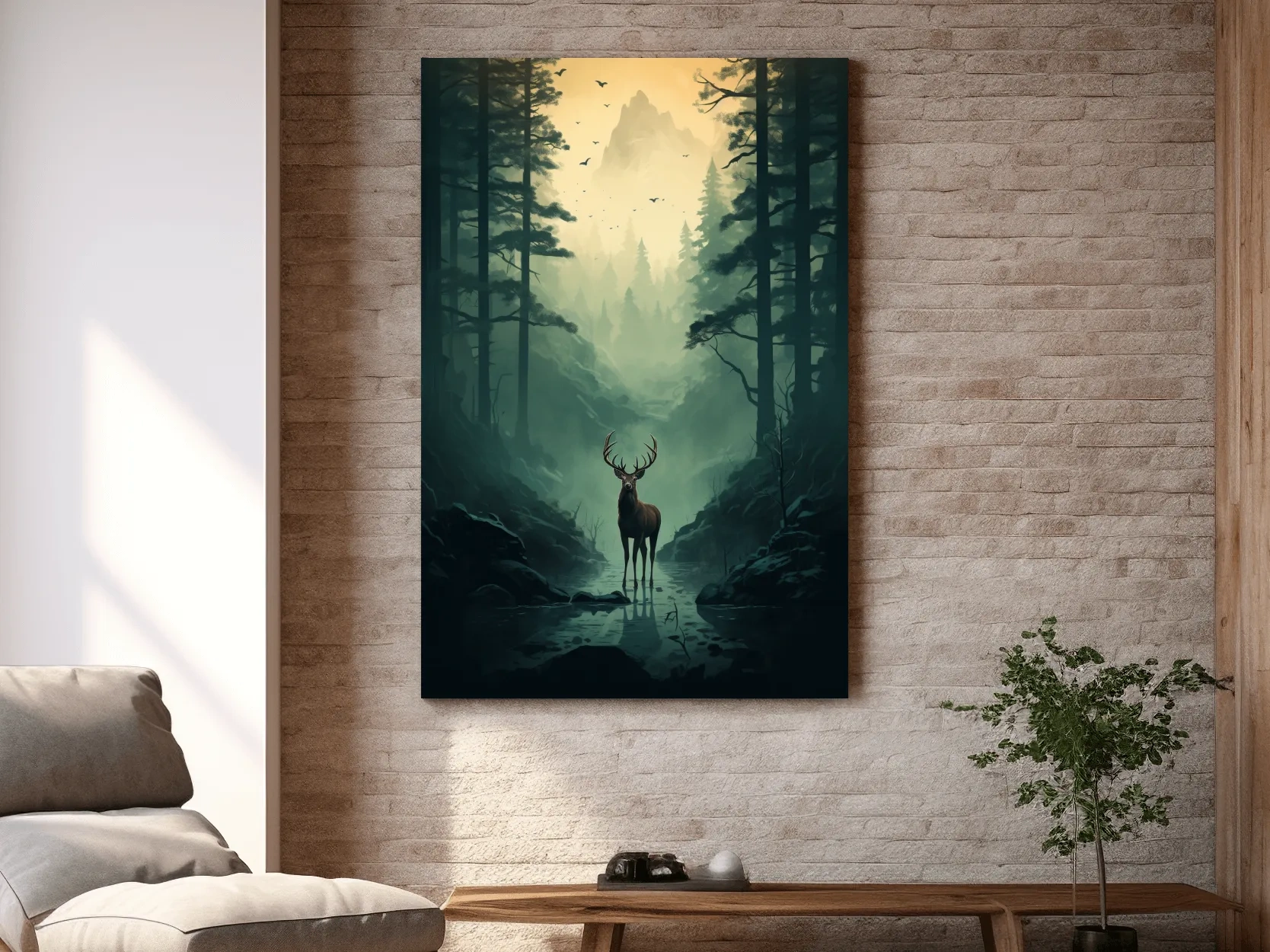 Moody Misty Forest Deer Stag Landscape - Atmospheric Wildlife Mountain Wall Art