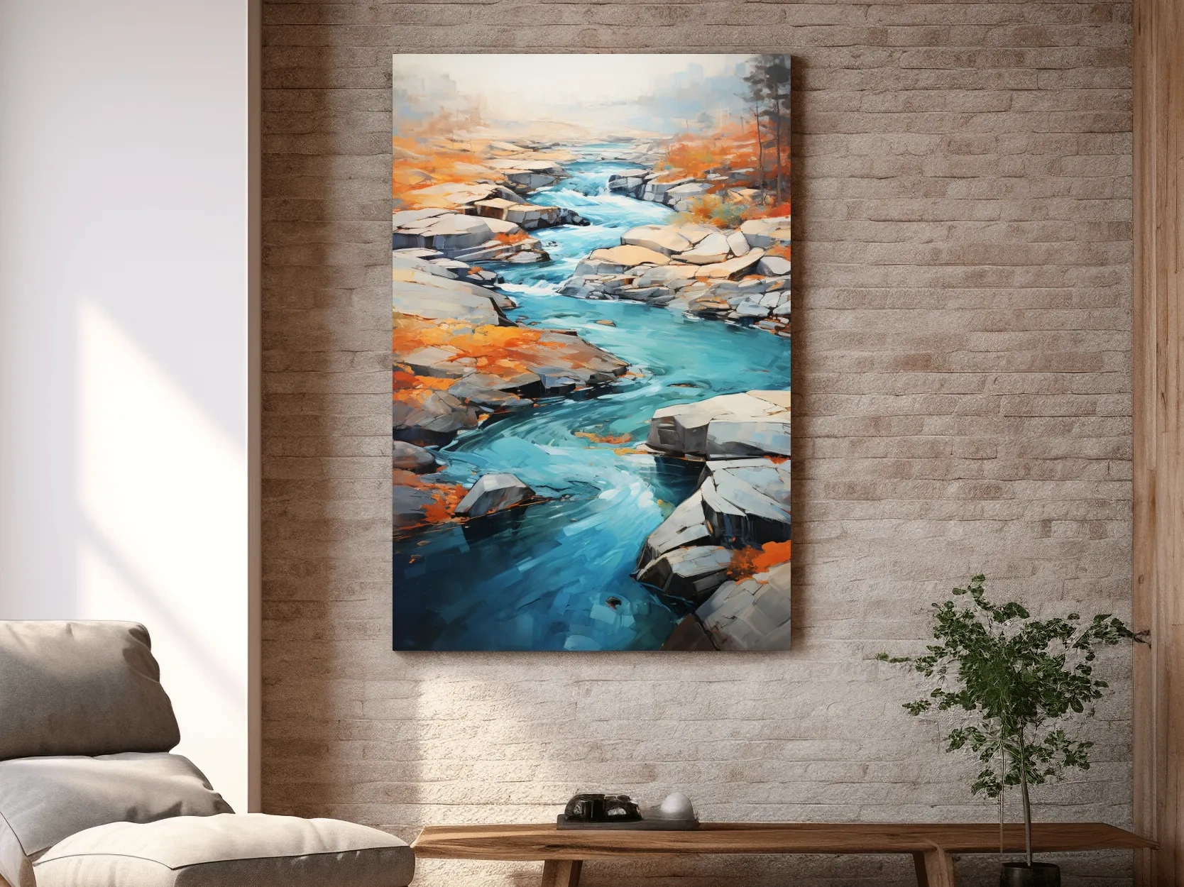 Vibrant Turquoise River Through Rocky Canyon - Modern Impressionist Landscape Wall Art