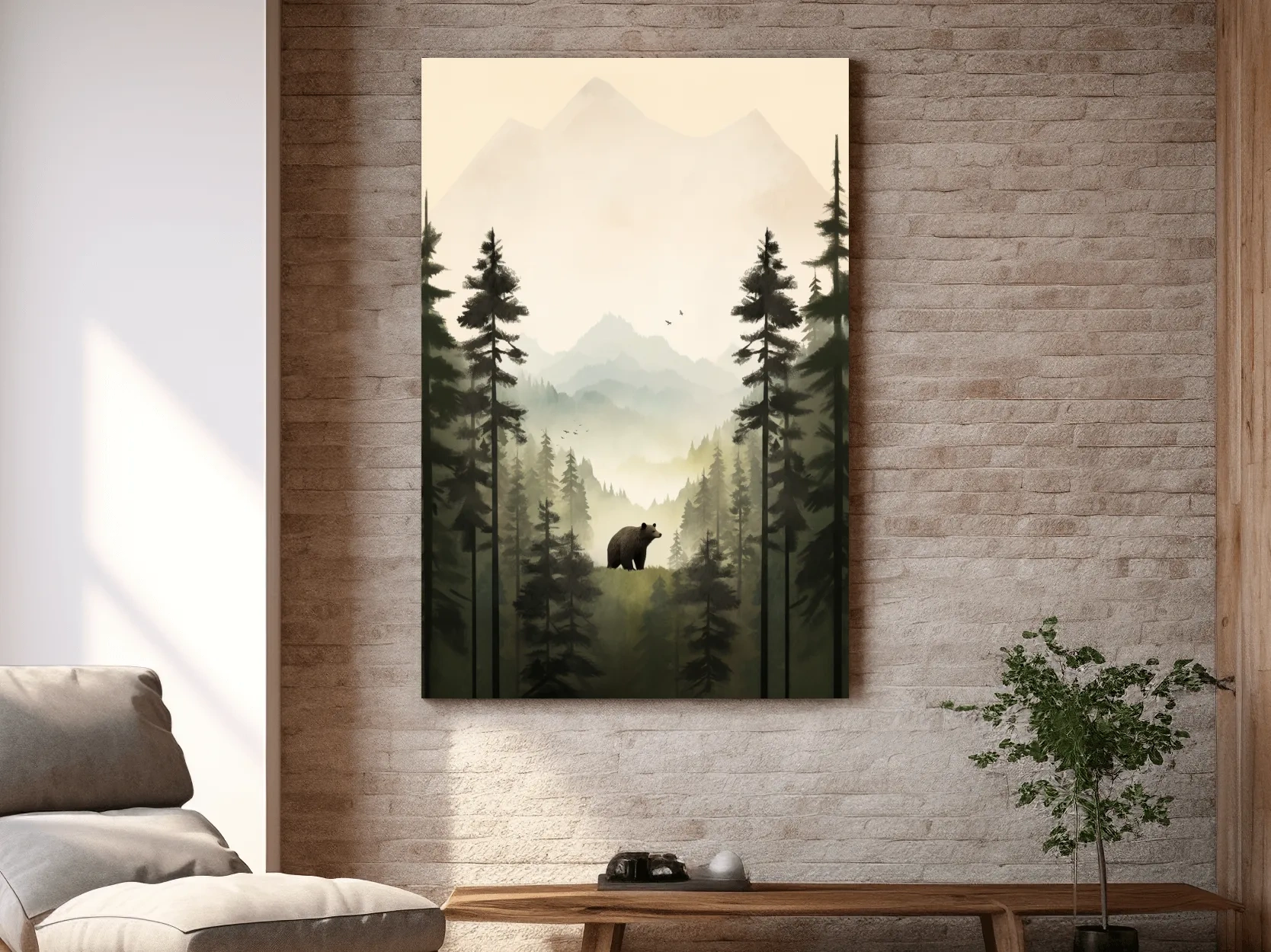 Misty Pine Forest Bear Illustration - Minimalist Wildlife Wall Art