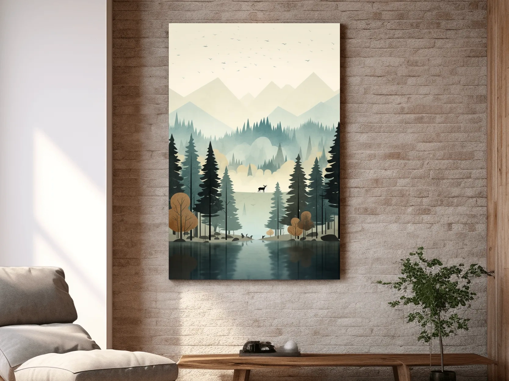 Alpine Lake Forest With Deer - Scandinavian Minimalist Wall Art