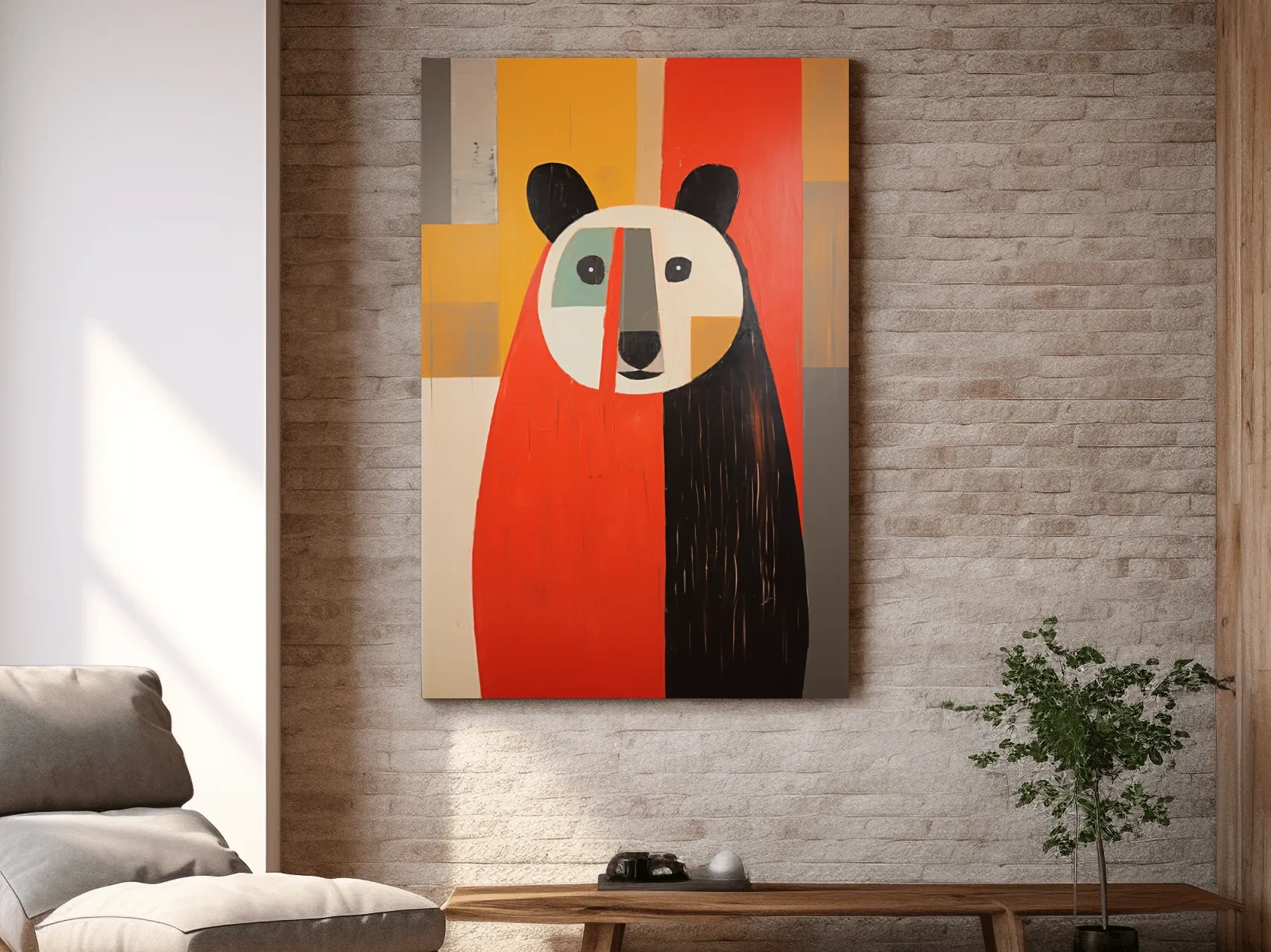 Bold Geometric Bear Portrait Painting - Quirky Abstract Animal Wall Art