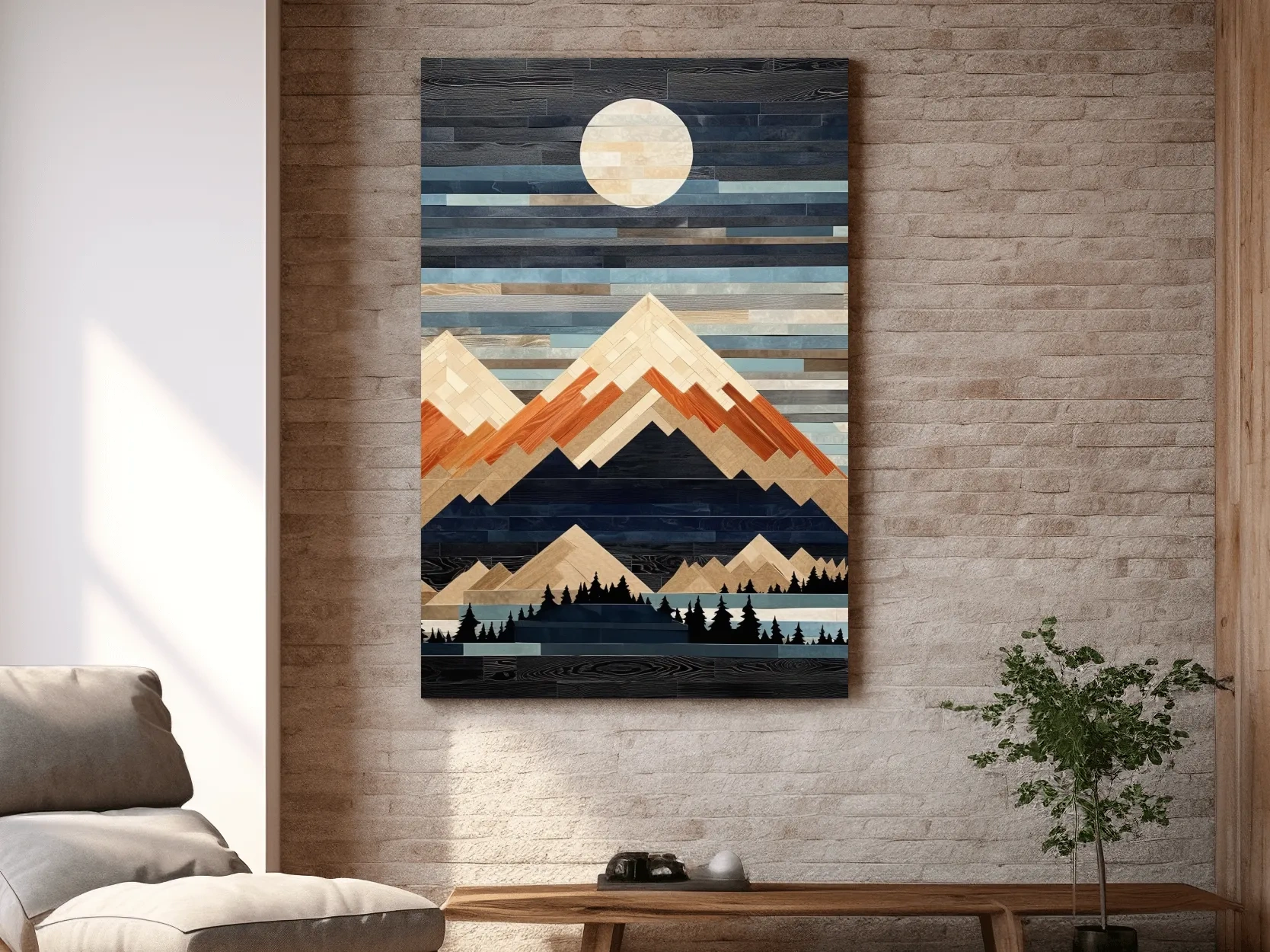 Geometric Wood Mosaic Mountain Range Under Full Moon - Modern Rustic Landscape Wall Art