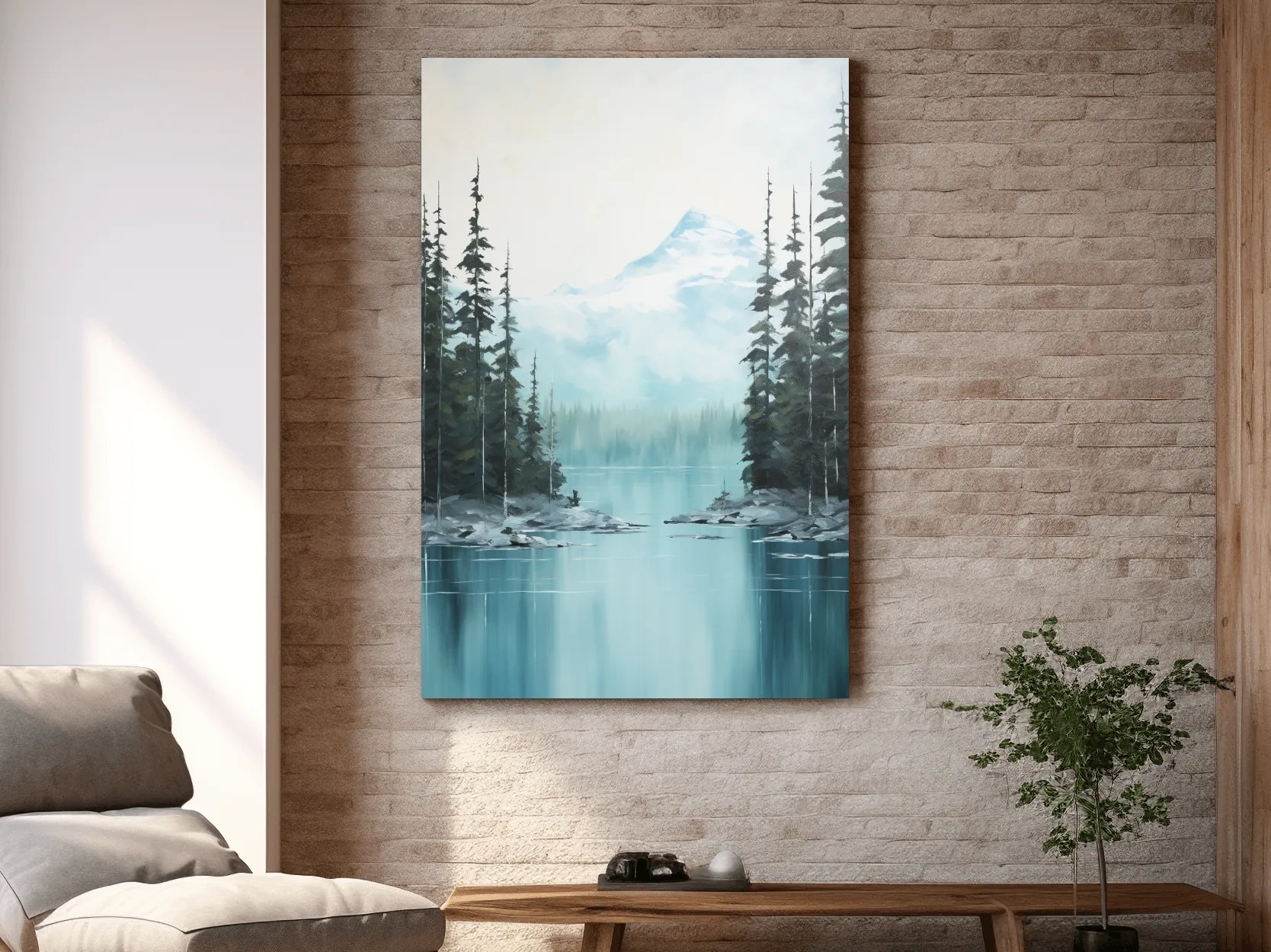 Turquoise Alpine Lake & Pine Forest Watercolor - Serene Mountain Landscape Wall Art
