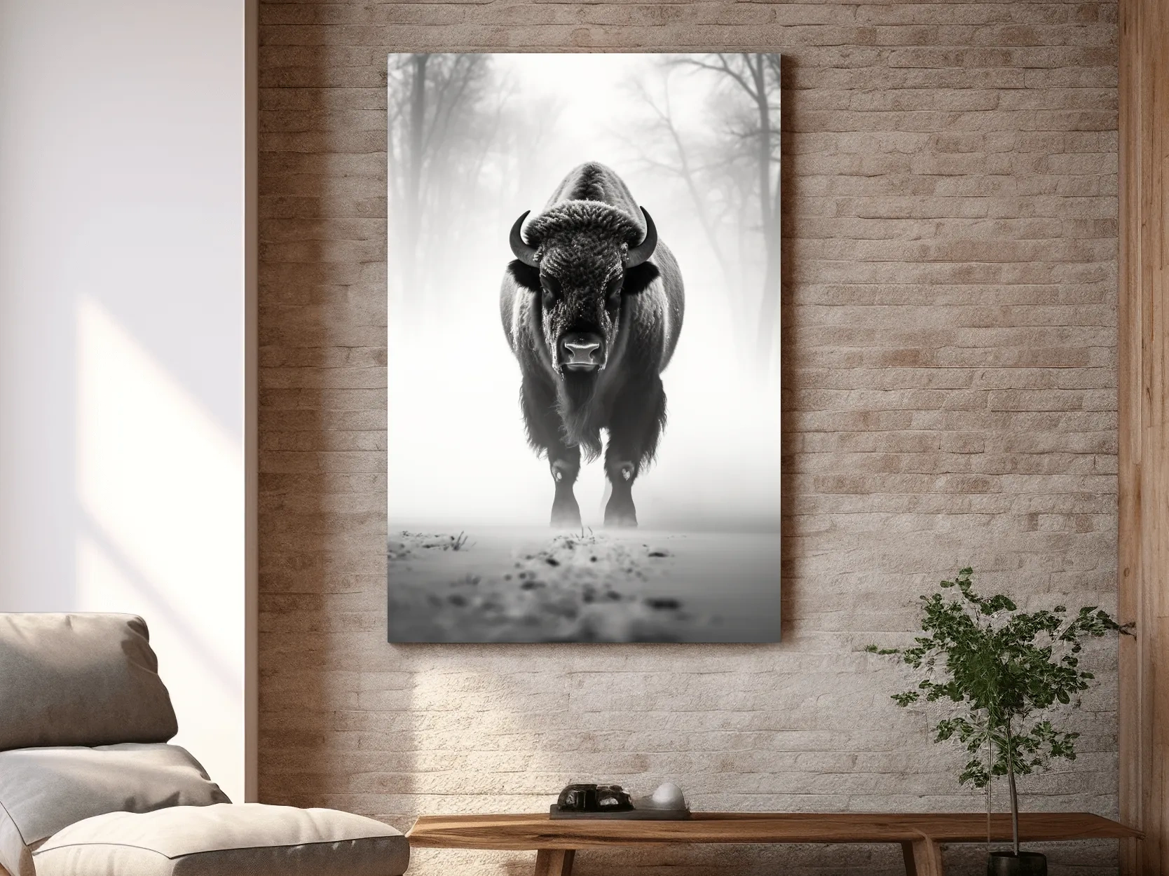 Moody Black And White Bison Portrait - Foggy Winter Wildlife Wall Art