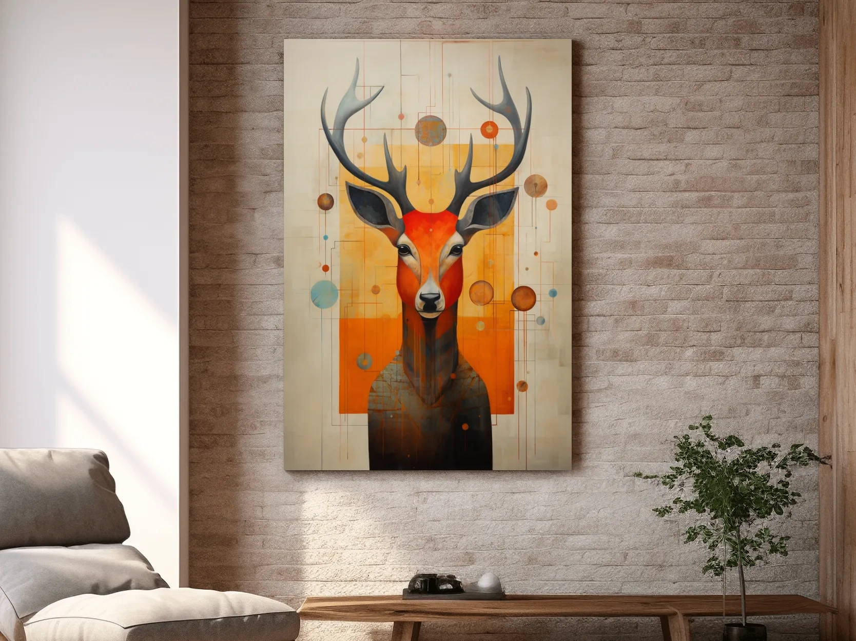 Mid Century Abstract Stag Portrait Painting - Quirky Wildlife Wall Art