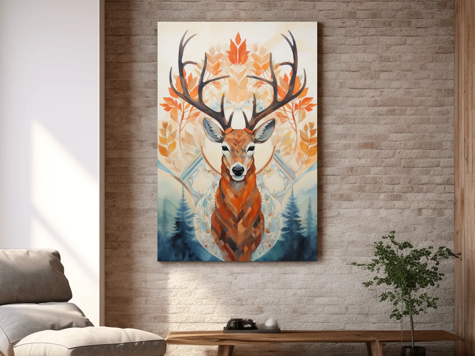 Ornate Stag Deer Watercolor Portrait - Autumn Woodland Wildlife Wall Art