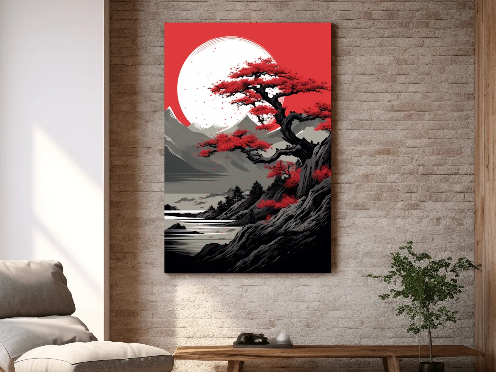 Japanese Ink Landscape With Bonsai Tree - Zen Mountain Wall Art