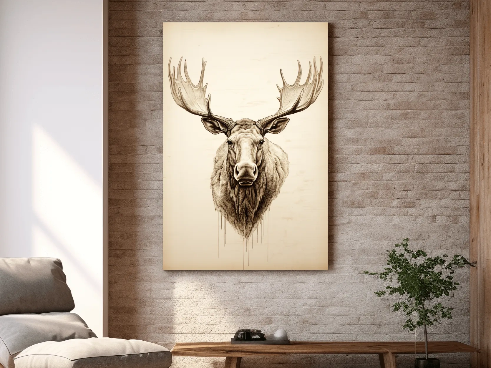 Rustic Moose Head Sketch Illustration - Vintage Sepia Wildlife Wall Art