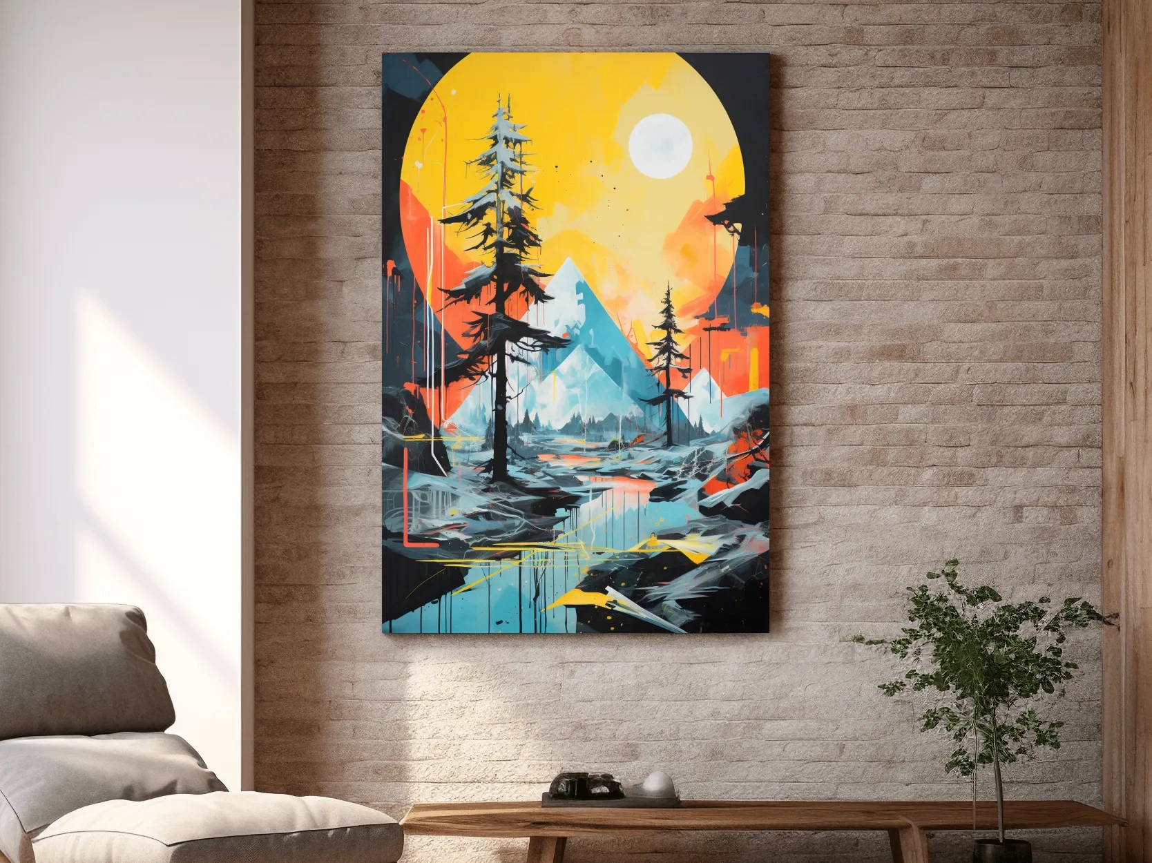 Vibrant Abstract Mountain Lake Sunset Painting - Modern Geometric Pine Forest Wall Art