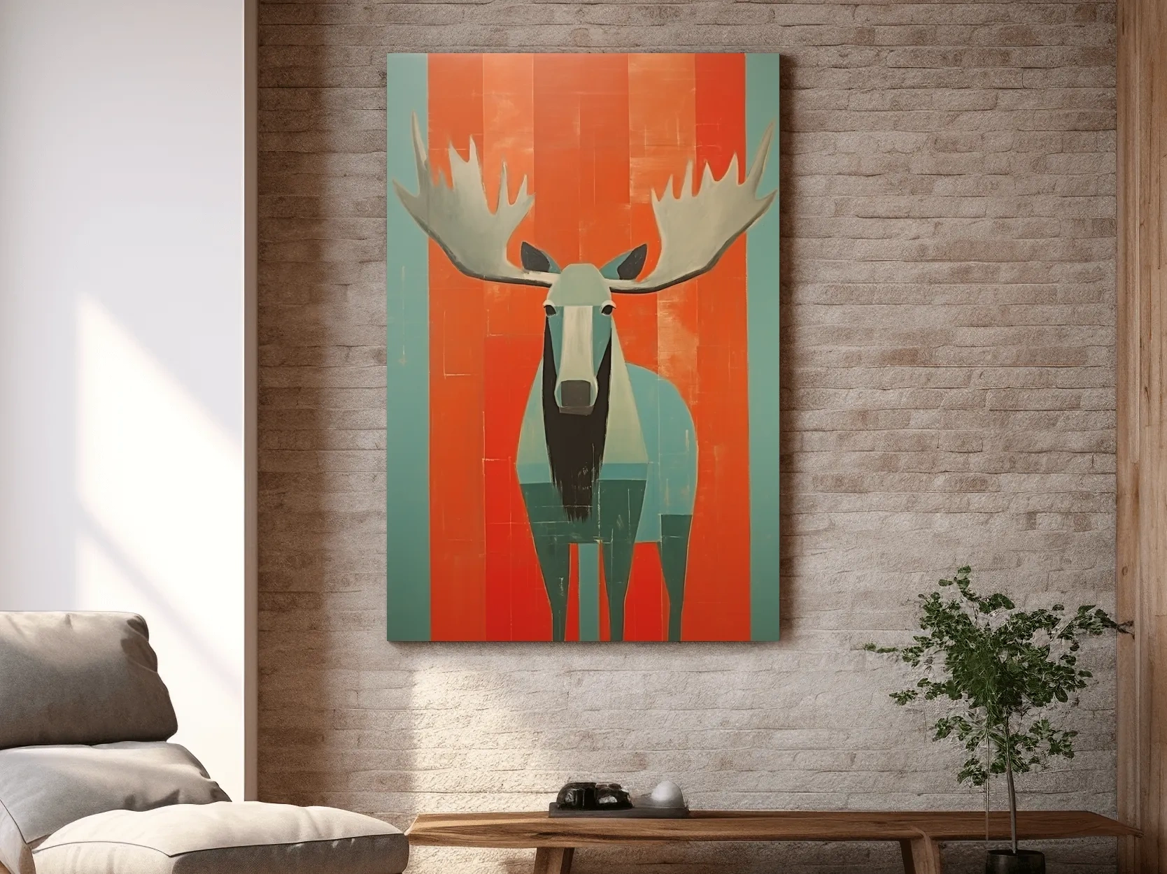 Mid Century Modern Rustic Moose Portrait Painting -  Wildlife Wall Art