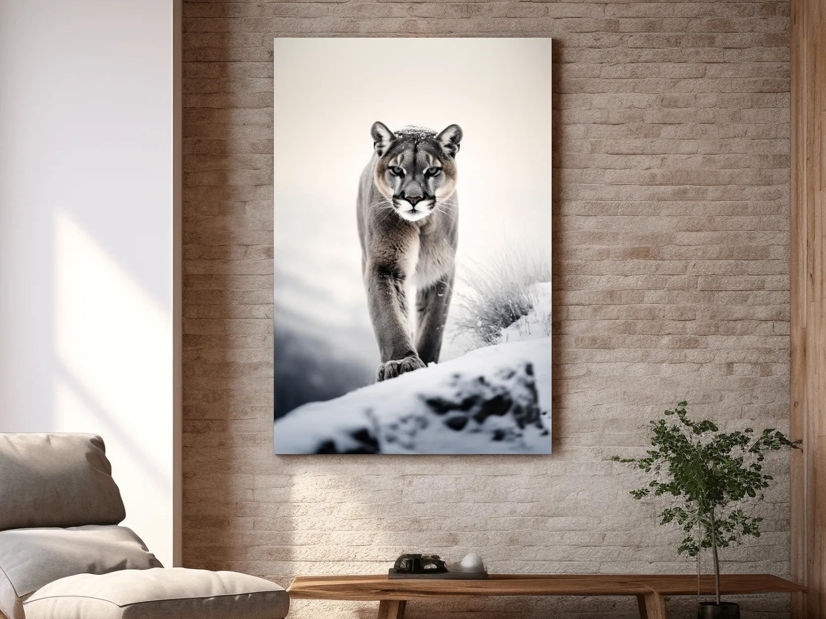 Photograph of a mountain lion walking in snow