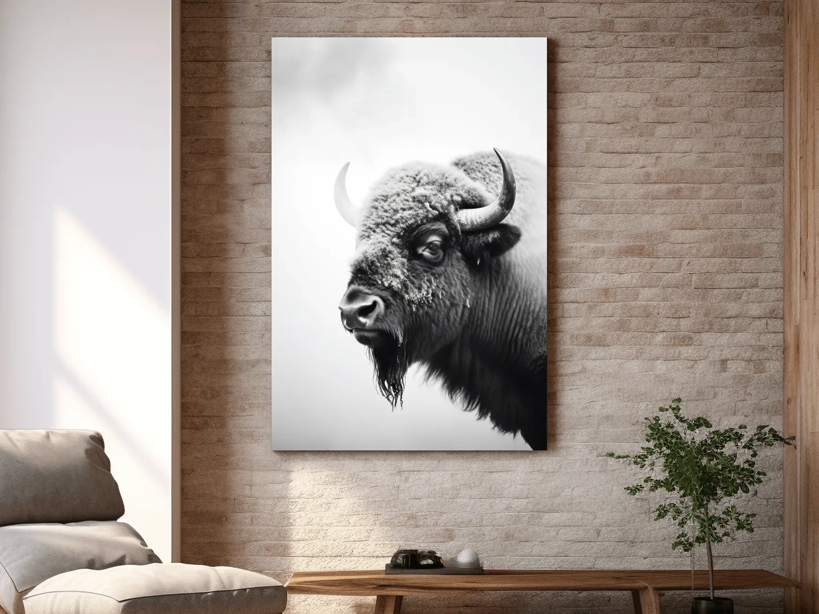 Moody Black And White Bison Portrait - Minimalist Photographic Wildlife Wall Art