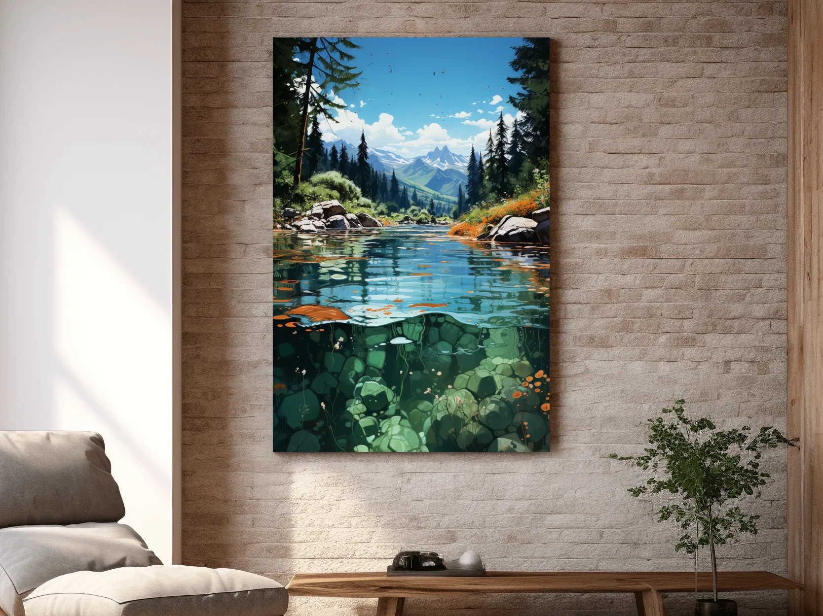 Crystal Clear Alpine River Landscape Illustration - Vibrant Mountain Forest Artwork