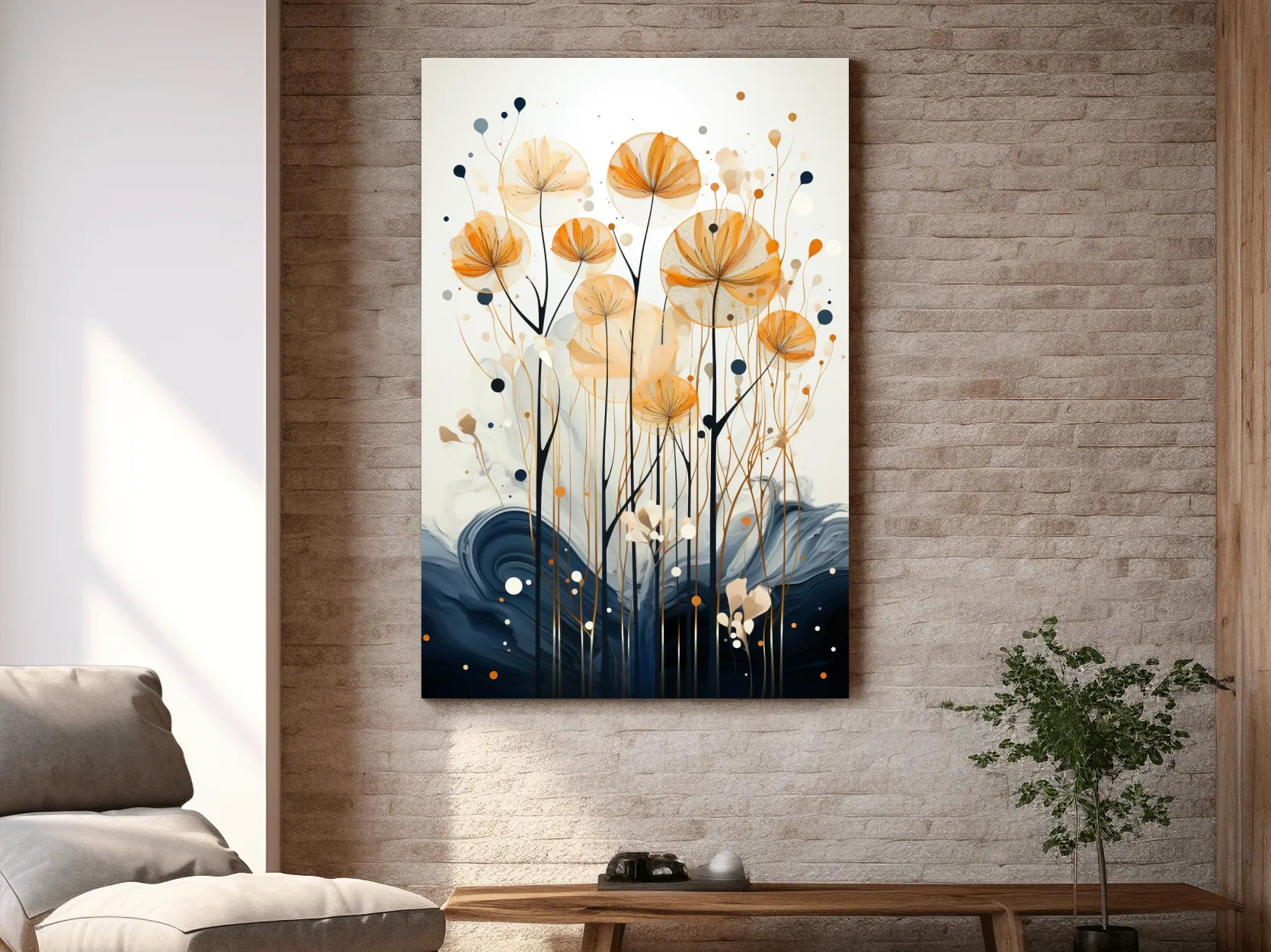 Abstract Golden Wildflower Ink Wash - Botanical Boho Wall Art