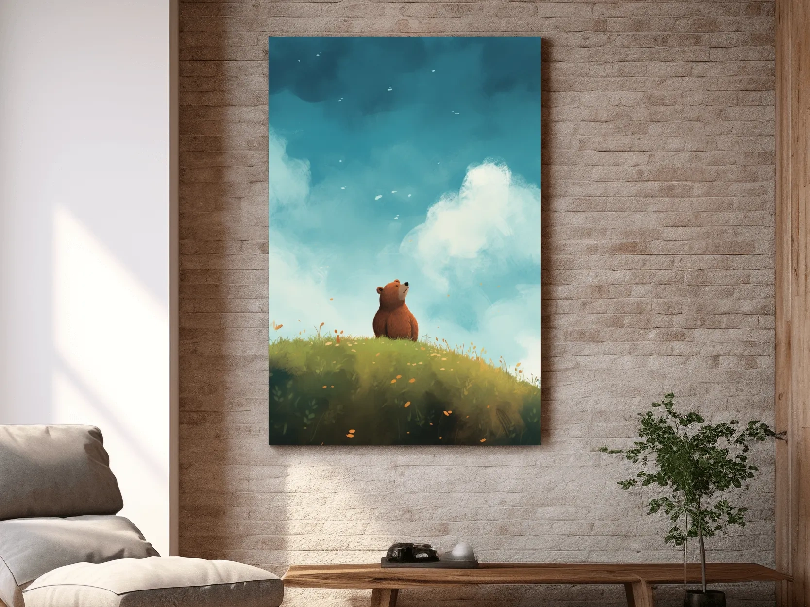 Whimsical Bear Cub Meadow Illustration - Cute Woodland Nursery Wall Art