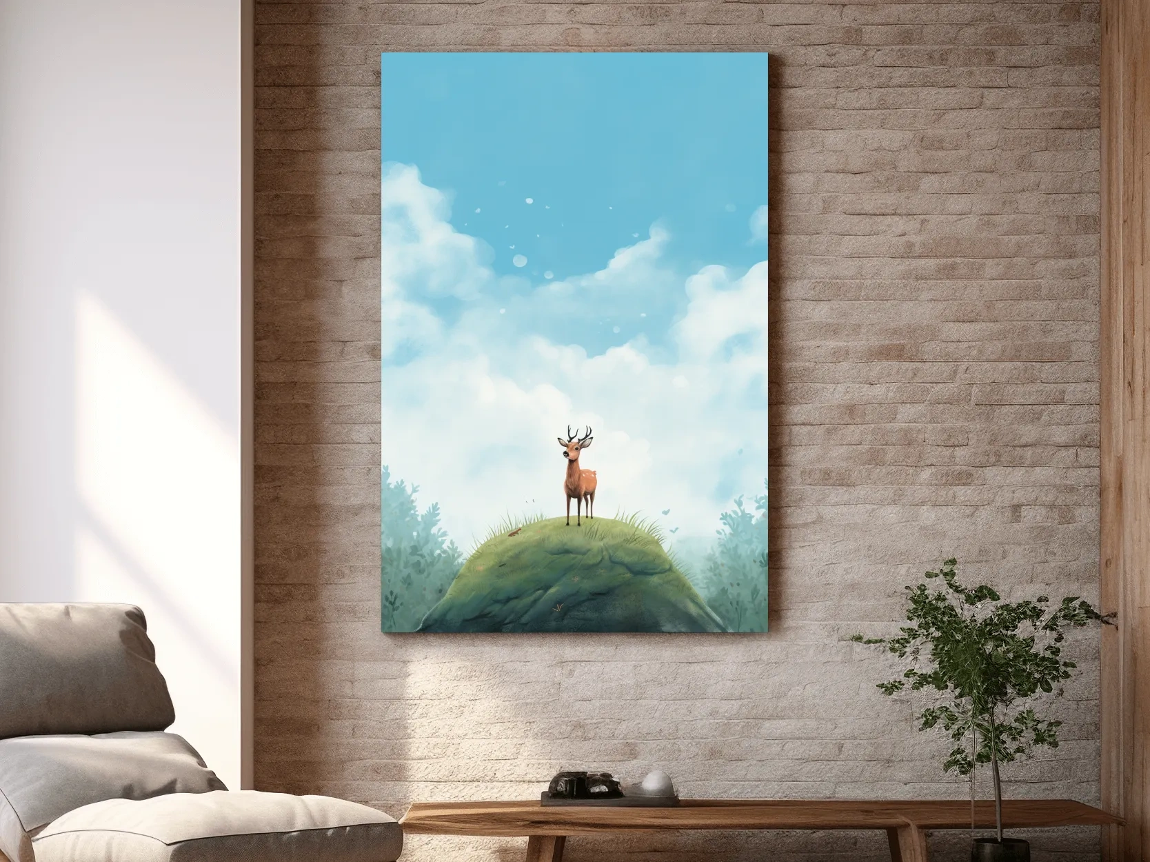 Whimsical Watercolor Deer on Grassy Hill - Serene Woodland Nursery Wall Art