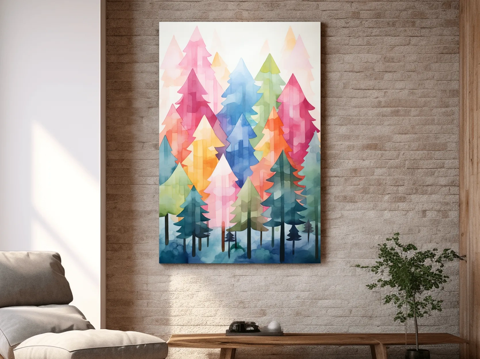 Colorful Watercolor Pine Forest Illustration - Whimsical Scandinavian Boho Wall Art