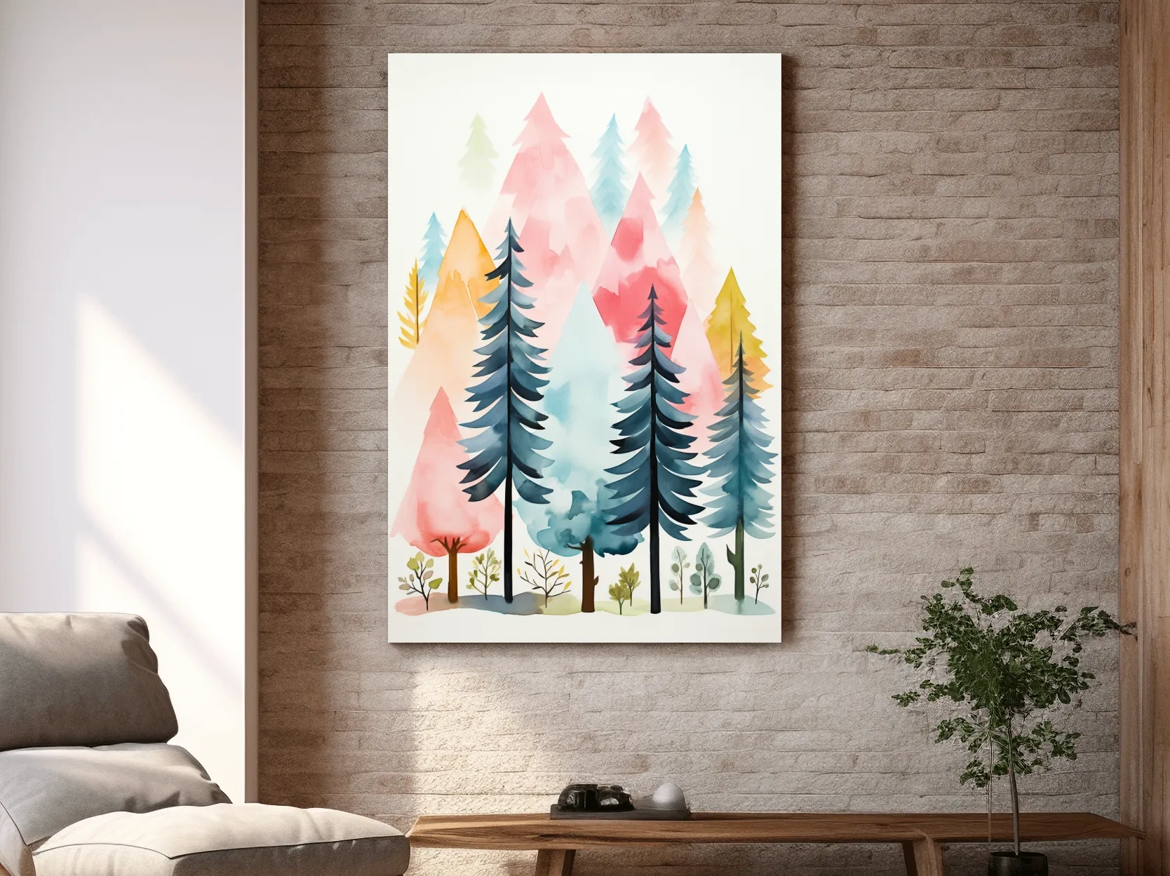 Pastel Watercolor Pine Forest - Colorful Scandinavian Nature Wall Art