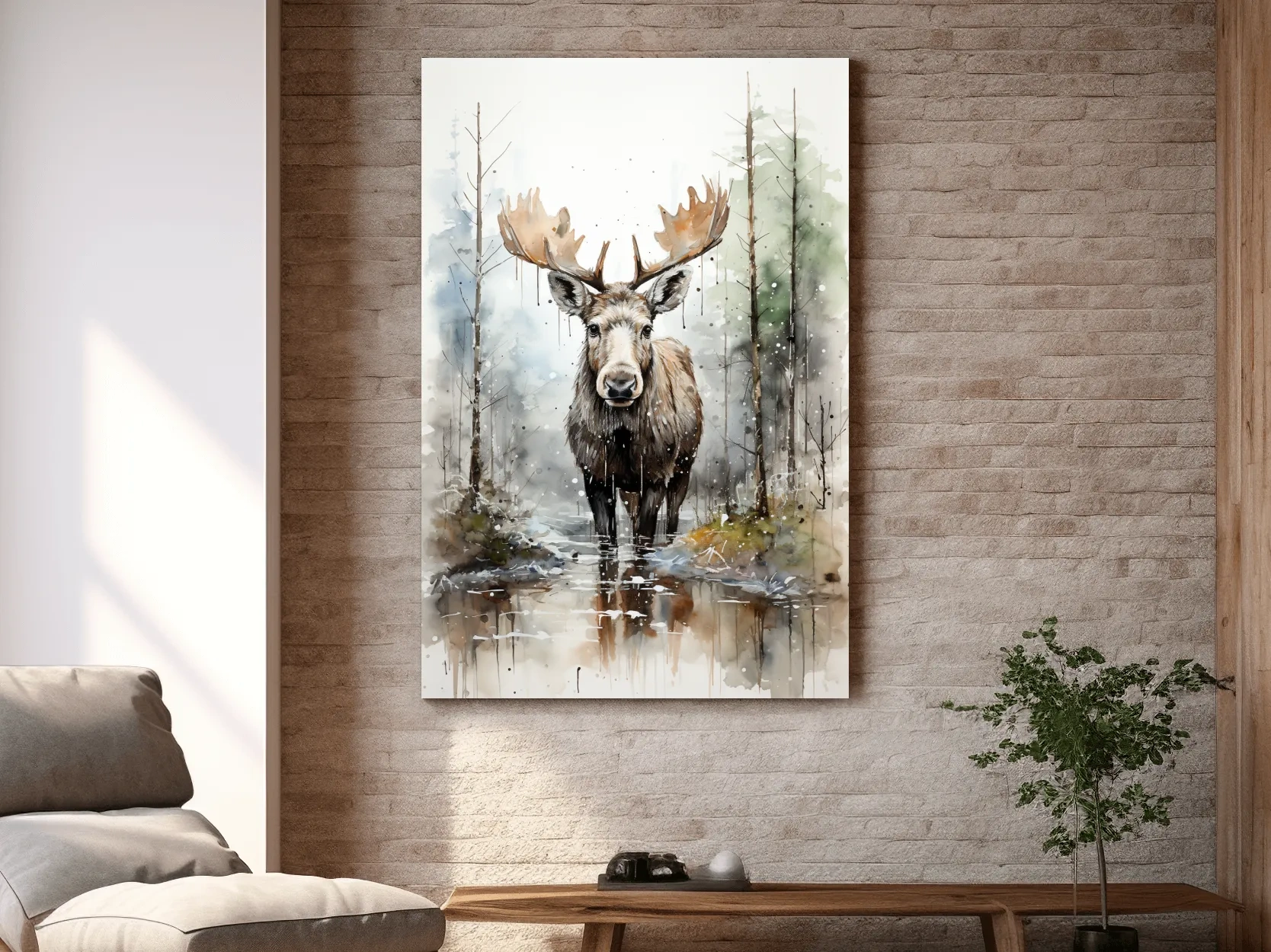 Watercolor Moose In Misty Forest - Rustic Woodland Wildlife Painting Wall Art