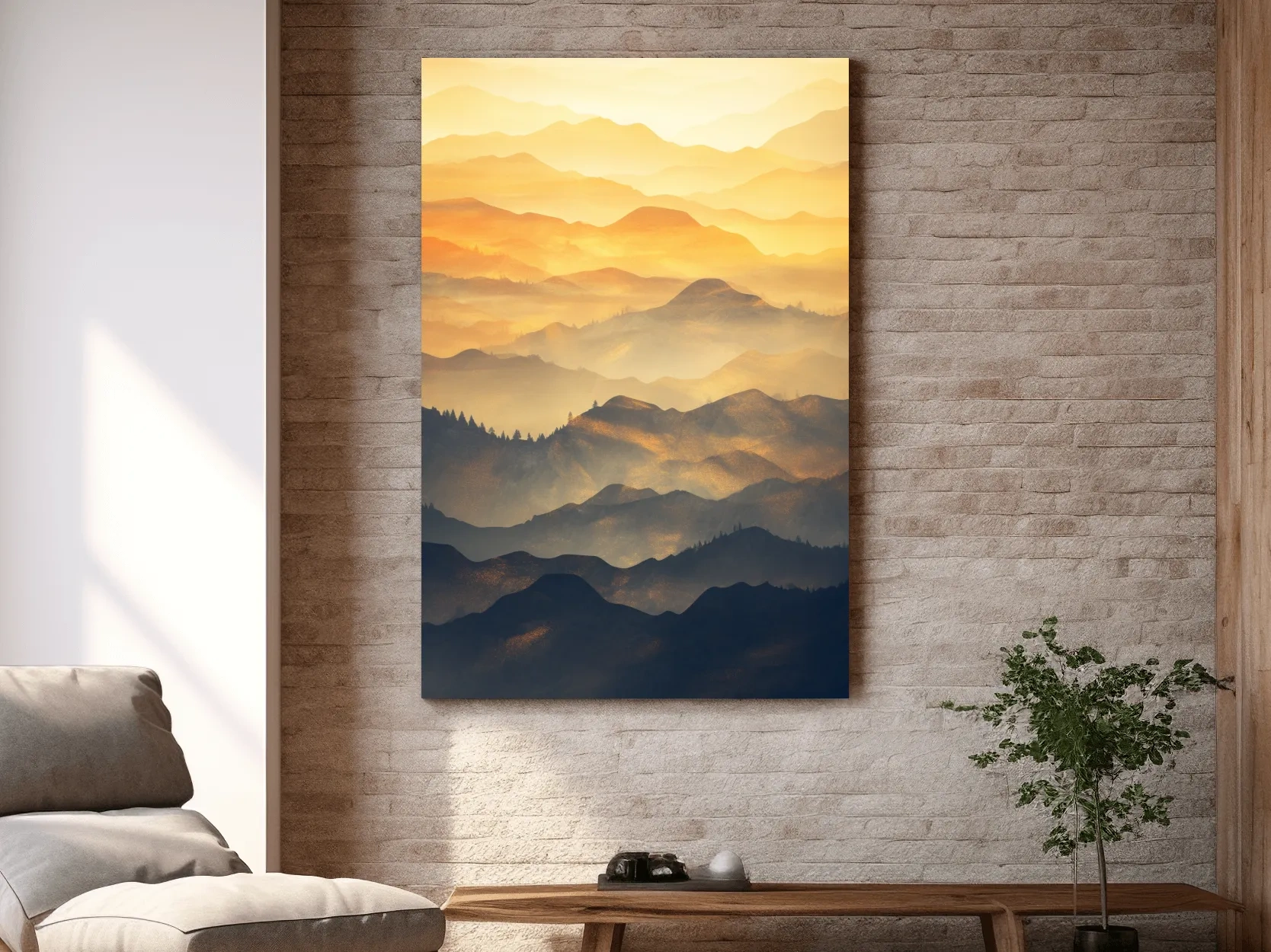 Golden Misty Mountain Ranges Landscape - Serene Layered Sunrise Artwork