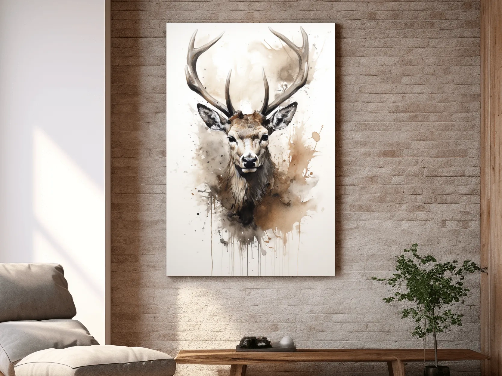 Splattered watercolour painting of a deers head