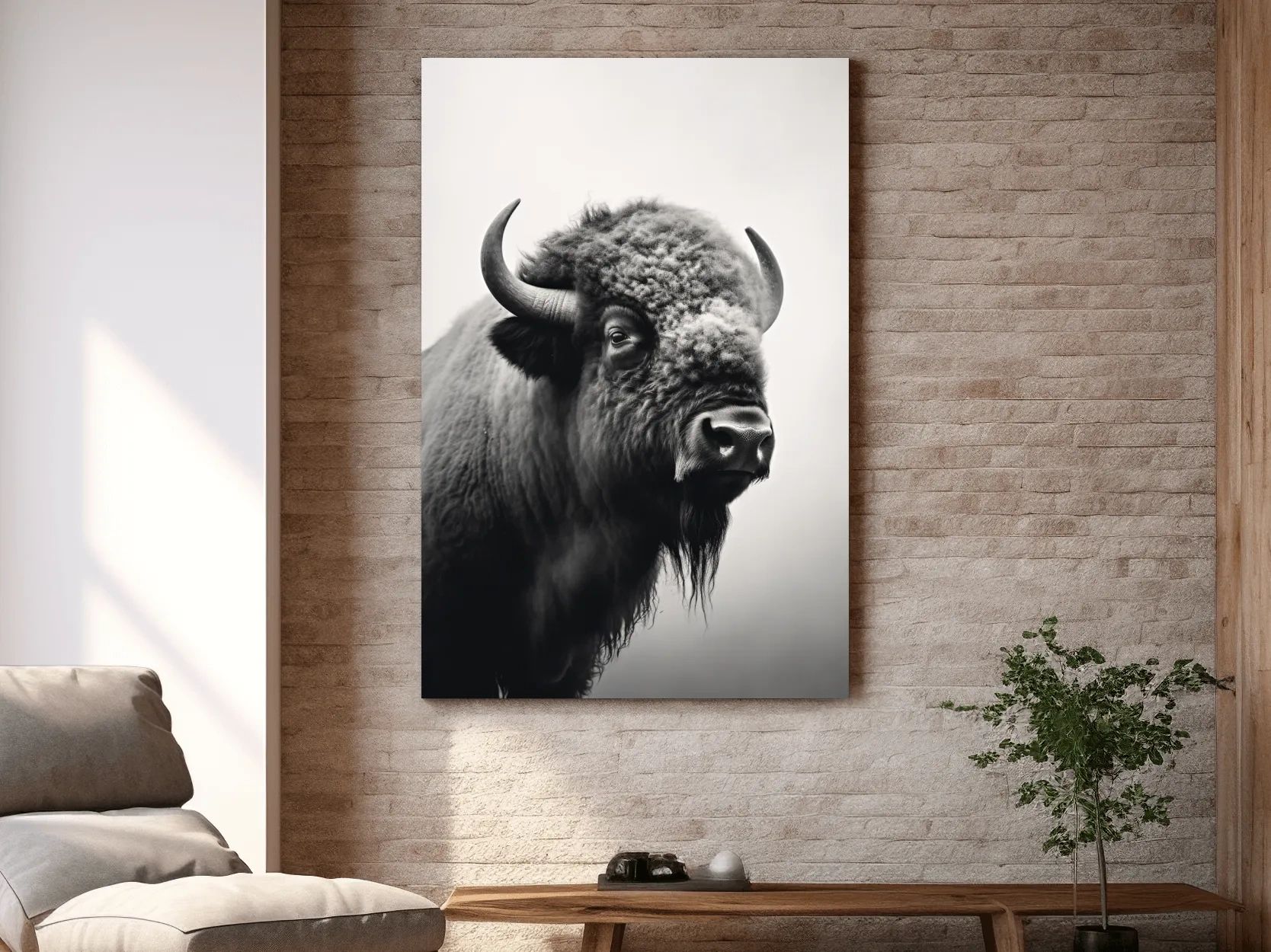 Photographic art, black and white photo of a bison on a crisp winter morning