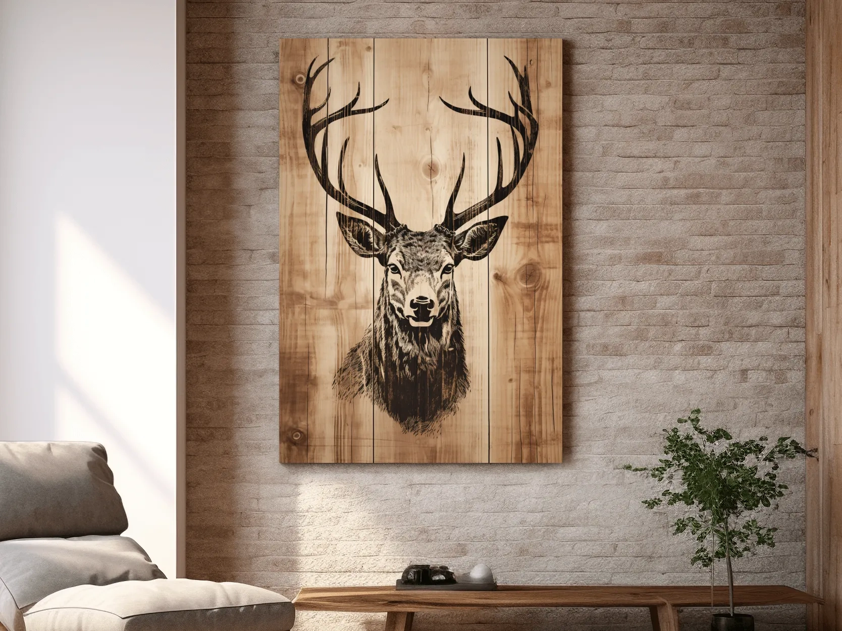 Rustic Deer Head Woodburn Style Portrait - Lodge Cabin Wildlife Wall Art