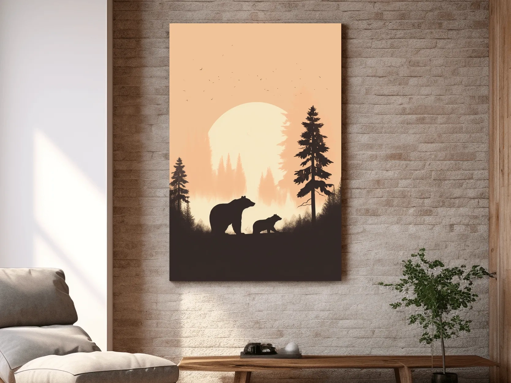 Momma Bear & Cub Silhouettes At Sunset - Minimalist Forest Wildlife Wall Art