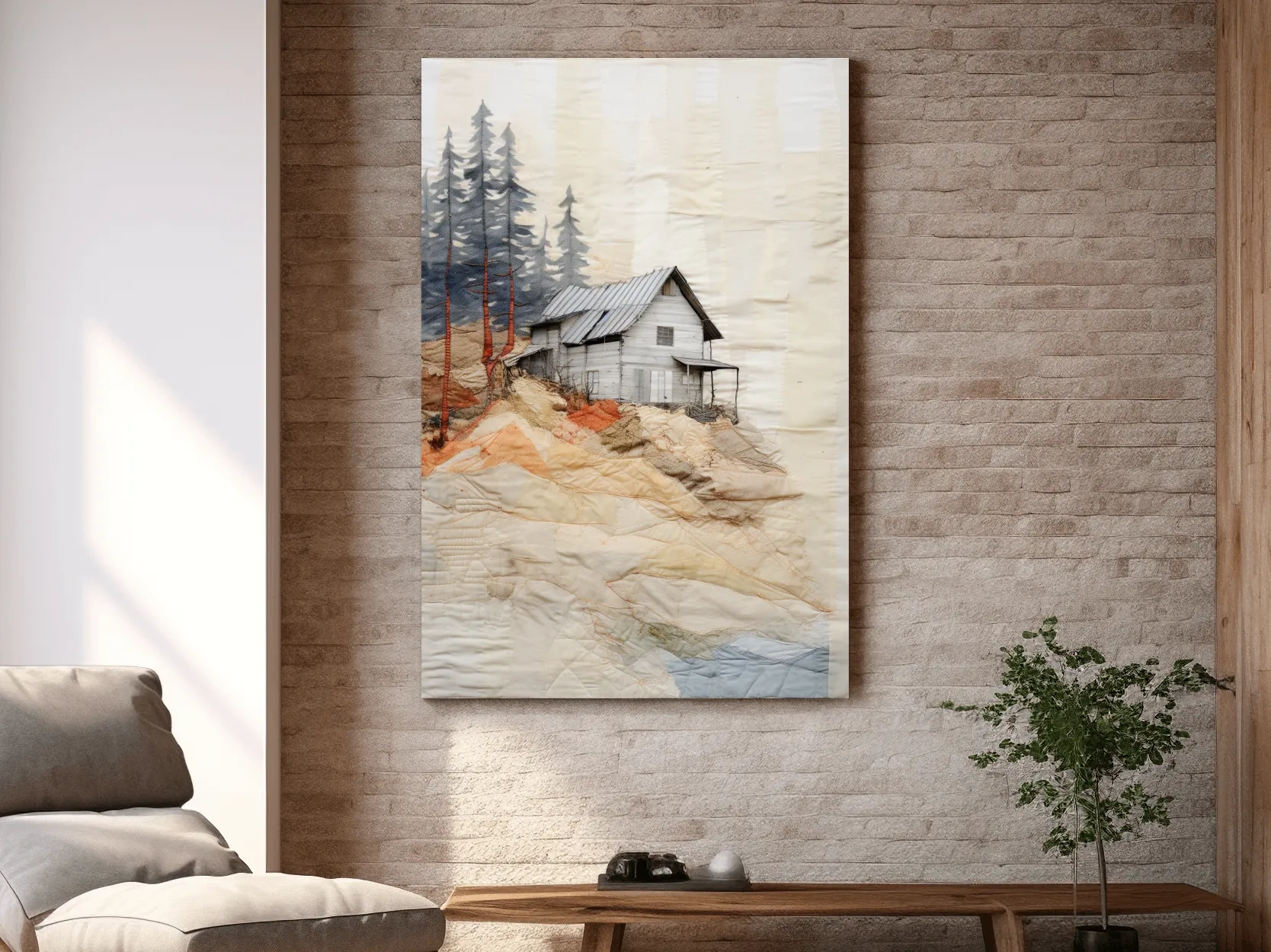 Rustic Hillside Cabin Quilt Collage - Patchwork Effect Forest Landscape Wall Art