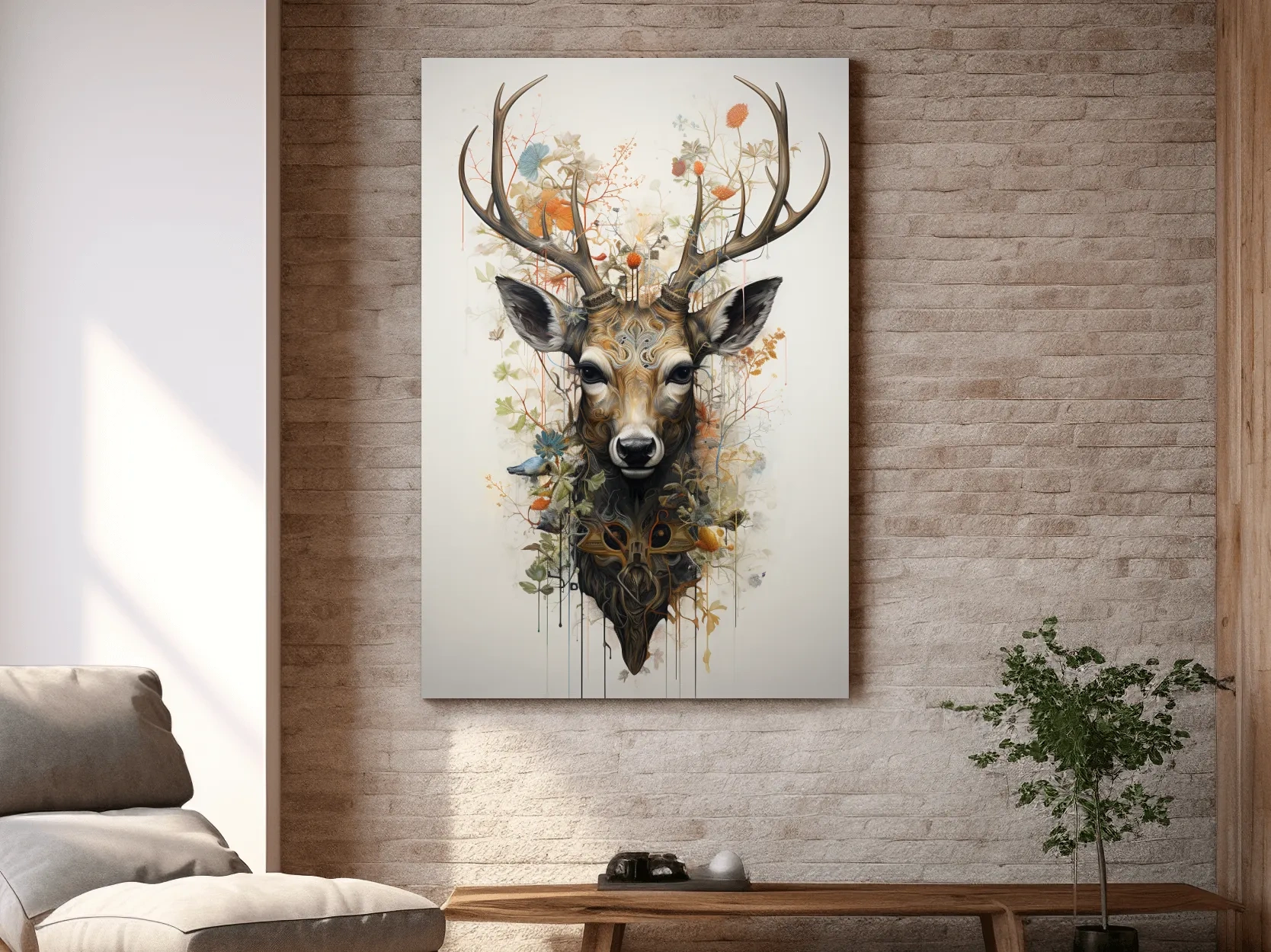 Ornate Floral Deer Head Illustration - Elegant Woodland Wildlife Wall Art
