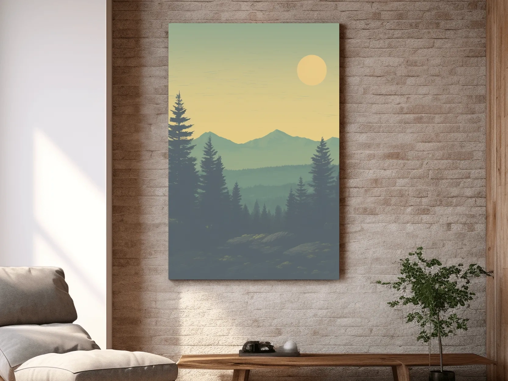Minimalist Hazy Mountain Sunrise Landscape - Serene Alpine Forest Wall Art