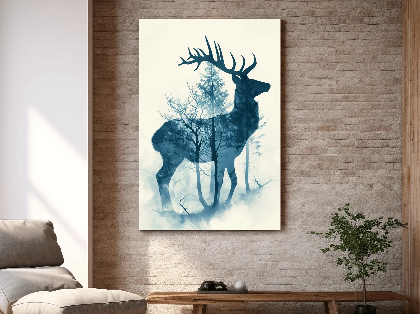 Moody Double Exposure Stag Silhouette - Misty Forest Wildlife Wall Art