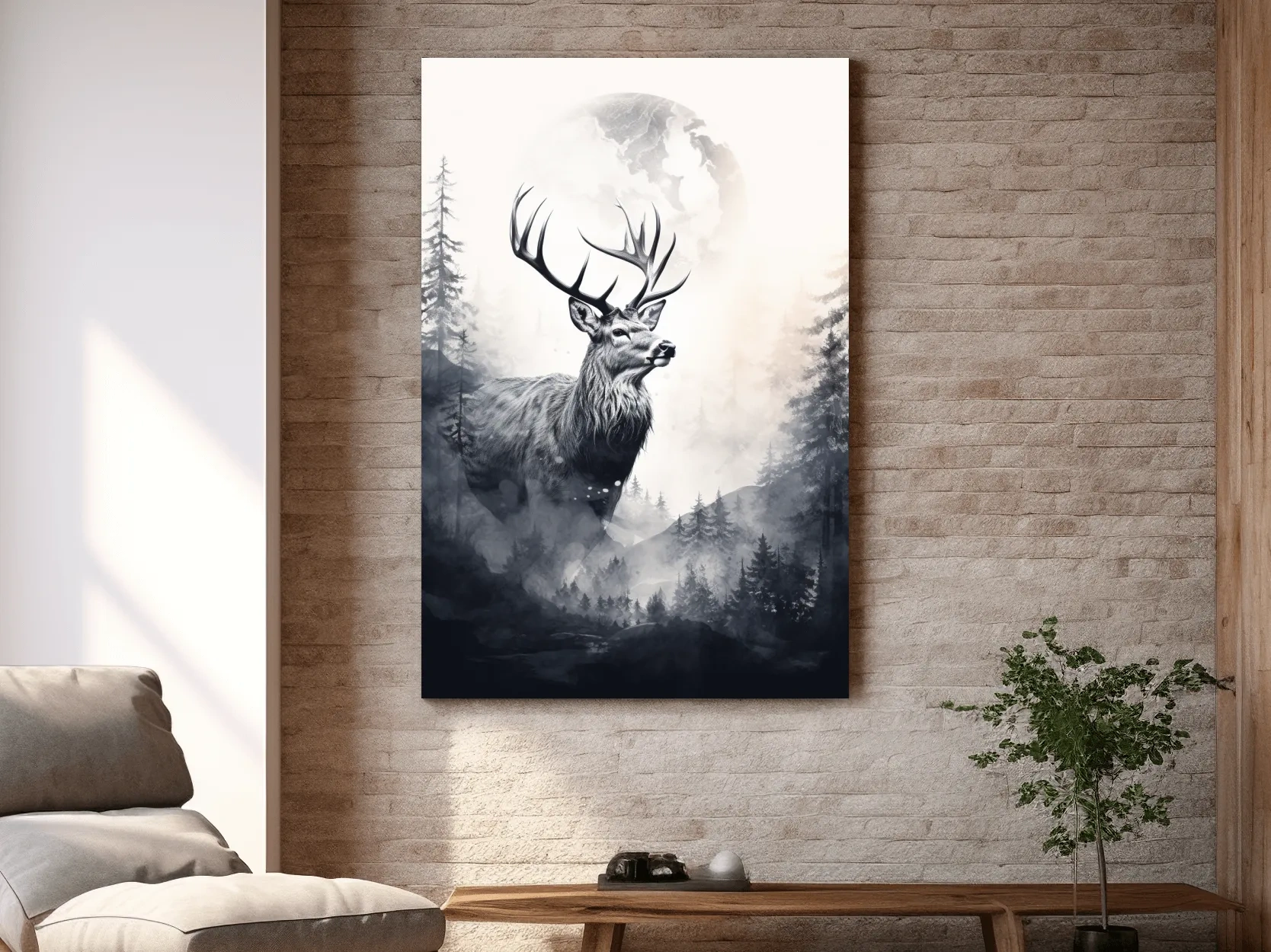 Majestic Stag In Misty Moonlit Forest - Double Exposure Wildlife Wall Art