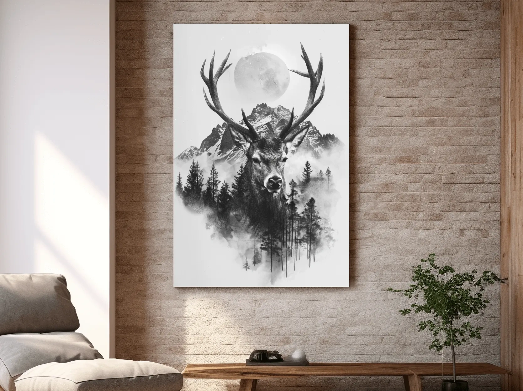 Monochrome Stag Glacier Moon Drawing - Double Exposure Wildlife Wall Art