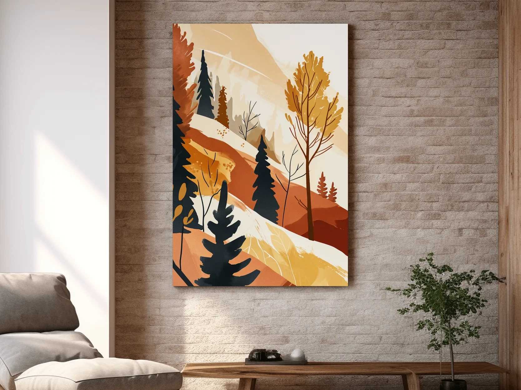 Minimalist Autumn Mountain Forest Landscape - Warm Scandinavian Wall Art