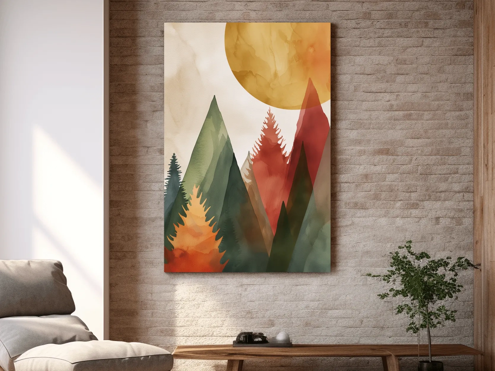 Rustic Watercolor Mountain Forest Sunrise - Modern Minimalist Wall Art