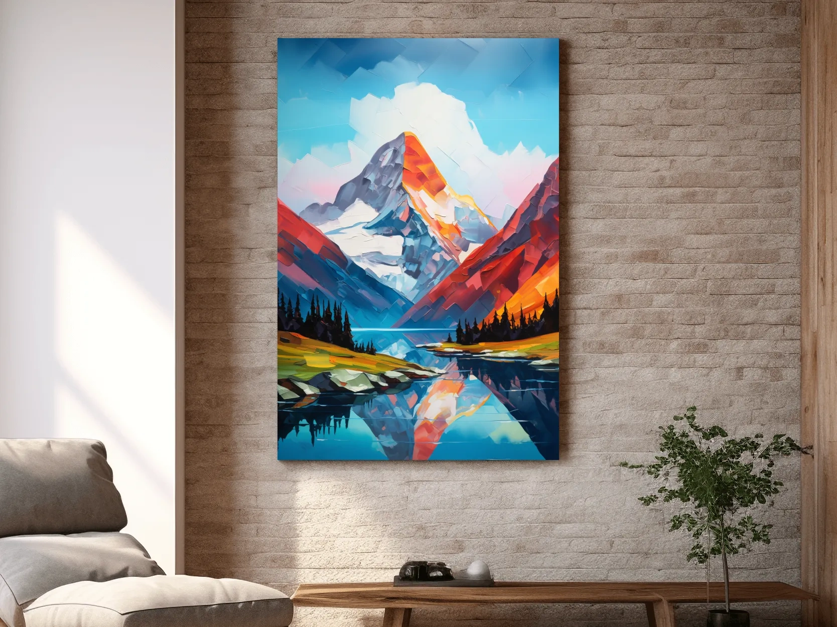 Vibrant Abstract Mountain Lake Reflection - Colorful Impasto Style Wall Art