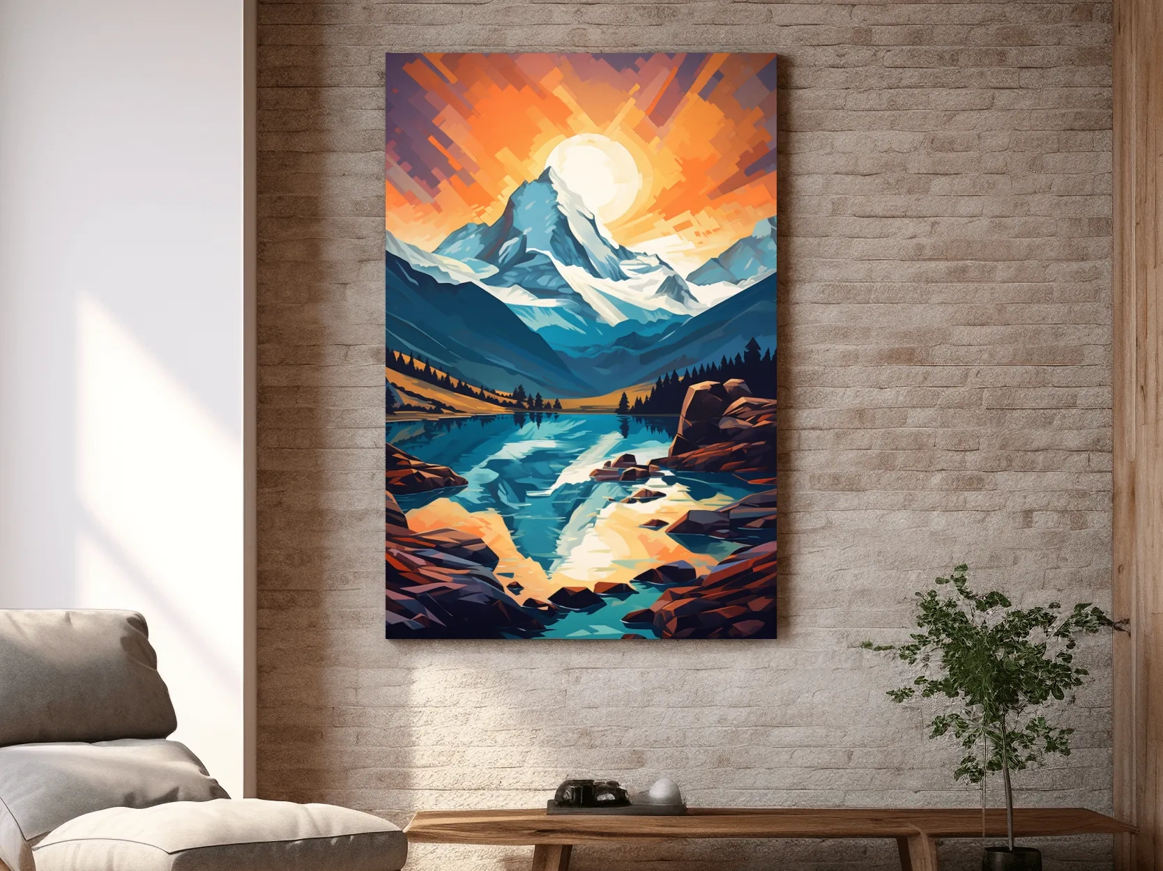 Vibrant Geometric Alpine Glacier Sunrise - Abstract Lake Landscape Wall Art