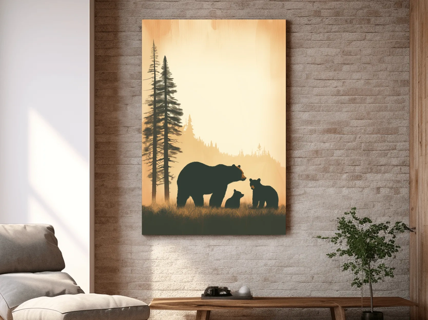 Bear Family Forest Silhouette Illustration - Minimalist Wildlife Artwork